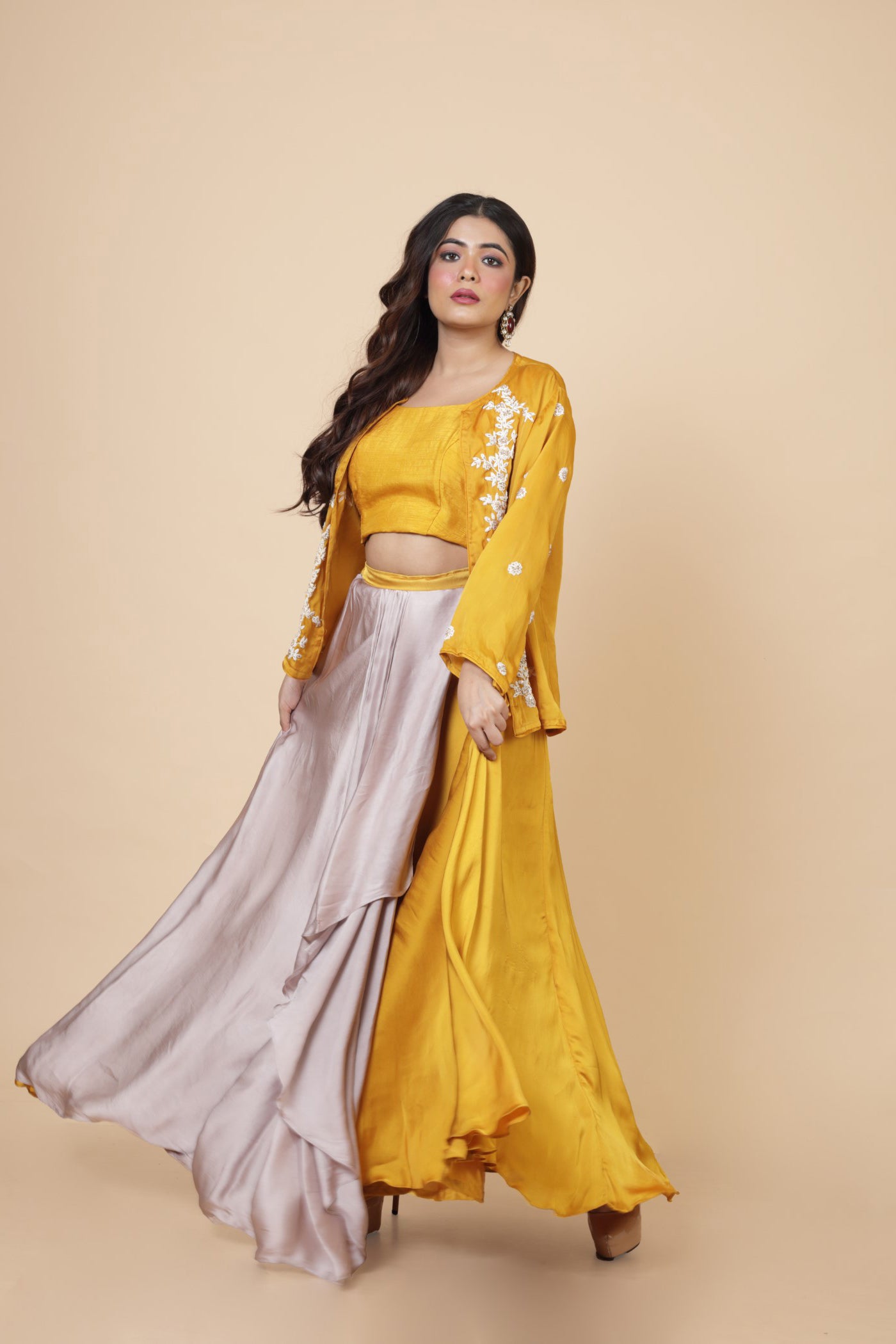 Embroidered Mustard Jacket With Crop Top And Shaded Drape Skirt