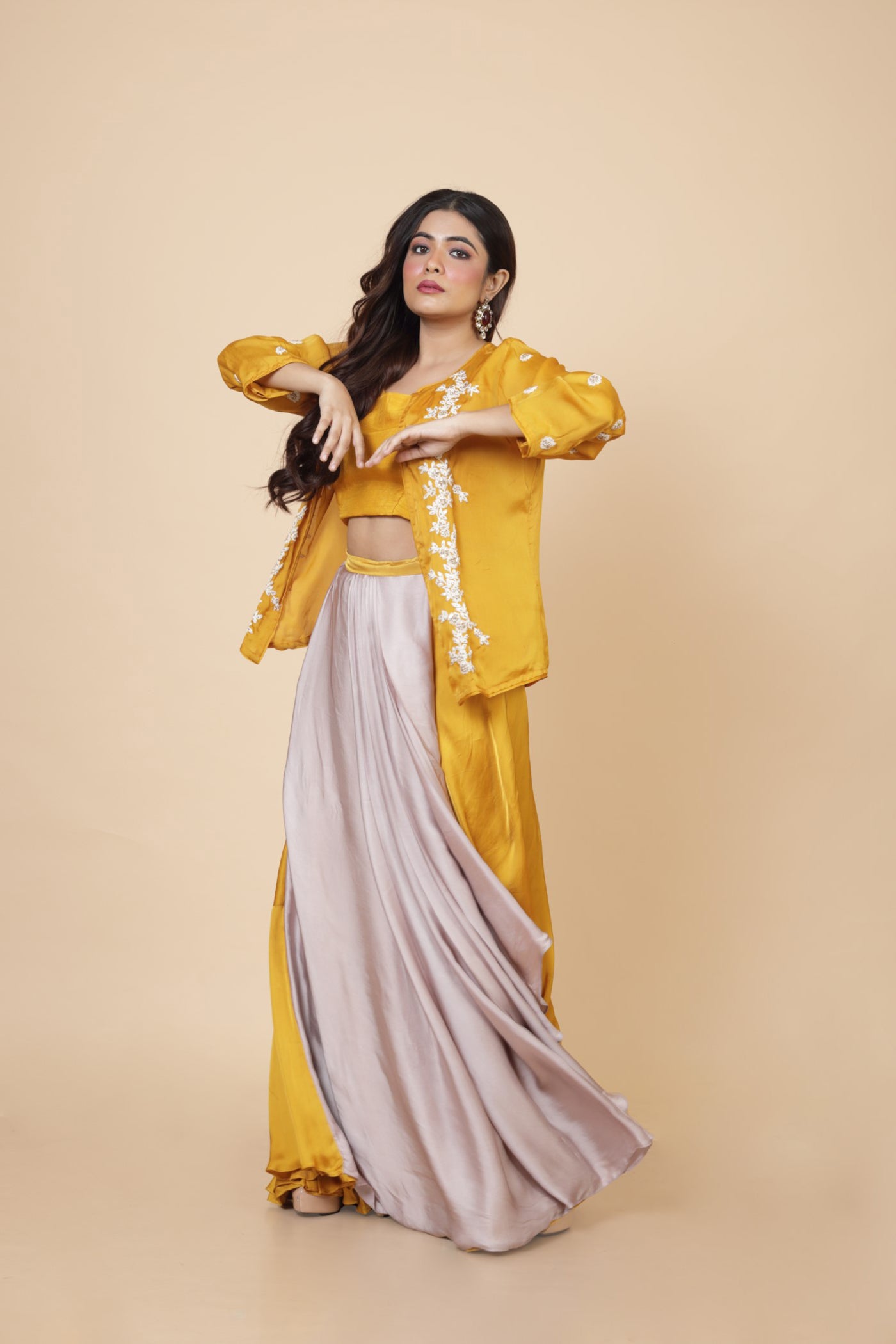 Embroidered Mustard Jacket With Crop Top And Shaded Drape Skirt