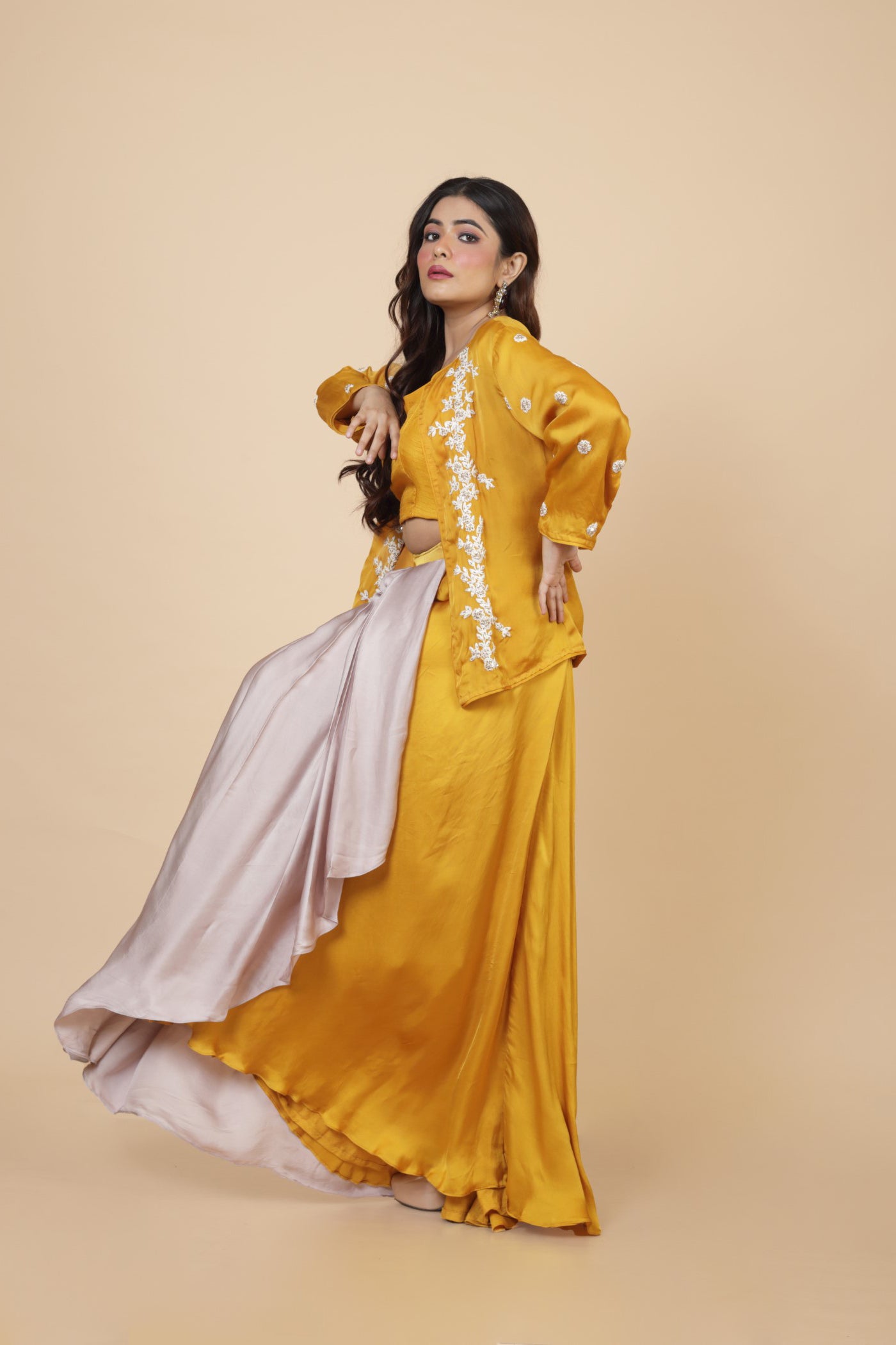 Embroidered Mustard Jacket With Crop Top And Shaded Drape Skirt