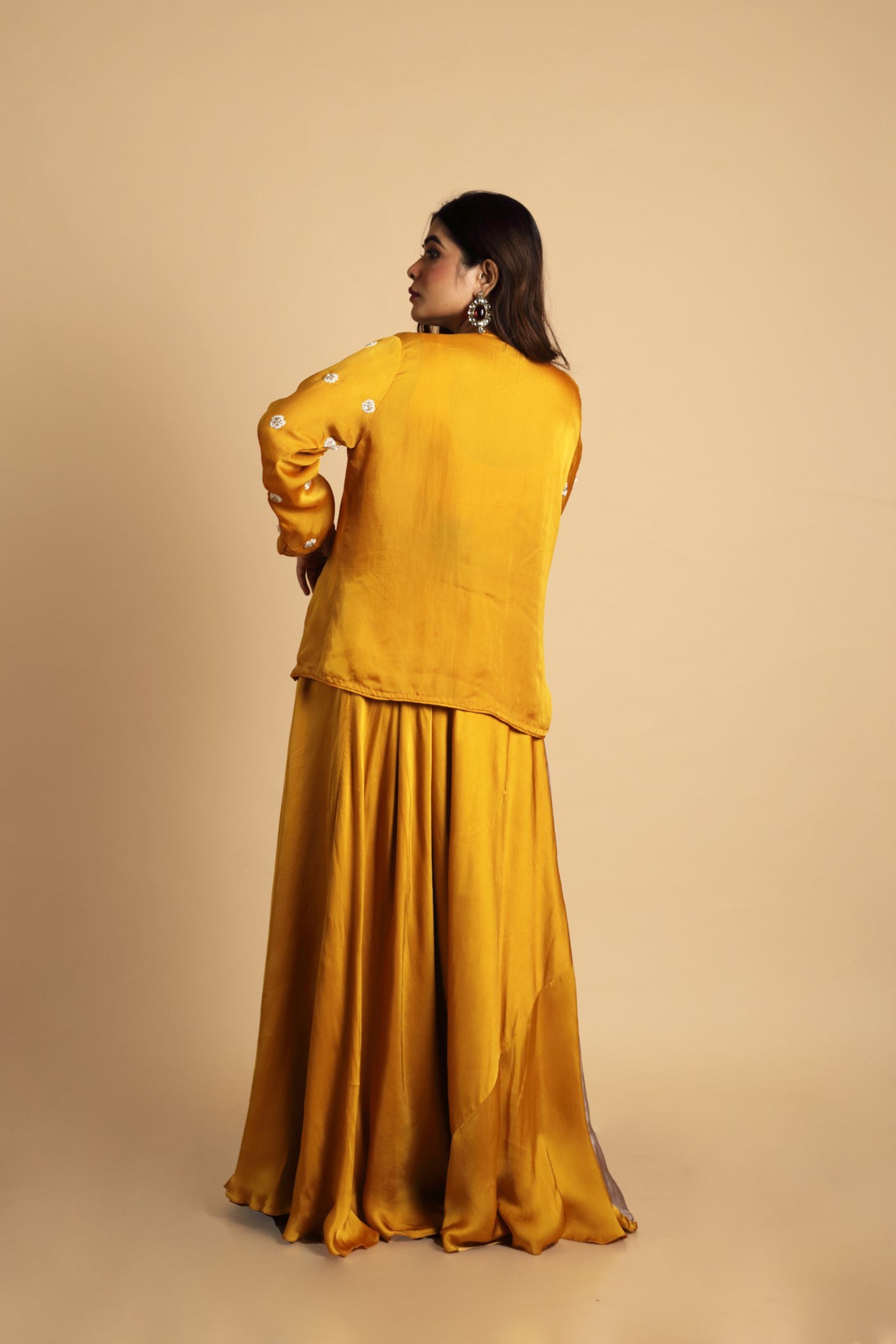 Embroidered Mustard Jacket With Crop Top And Shaded Drape Skirt
