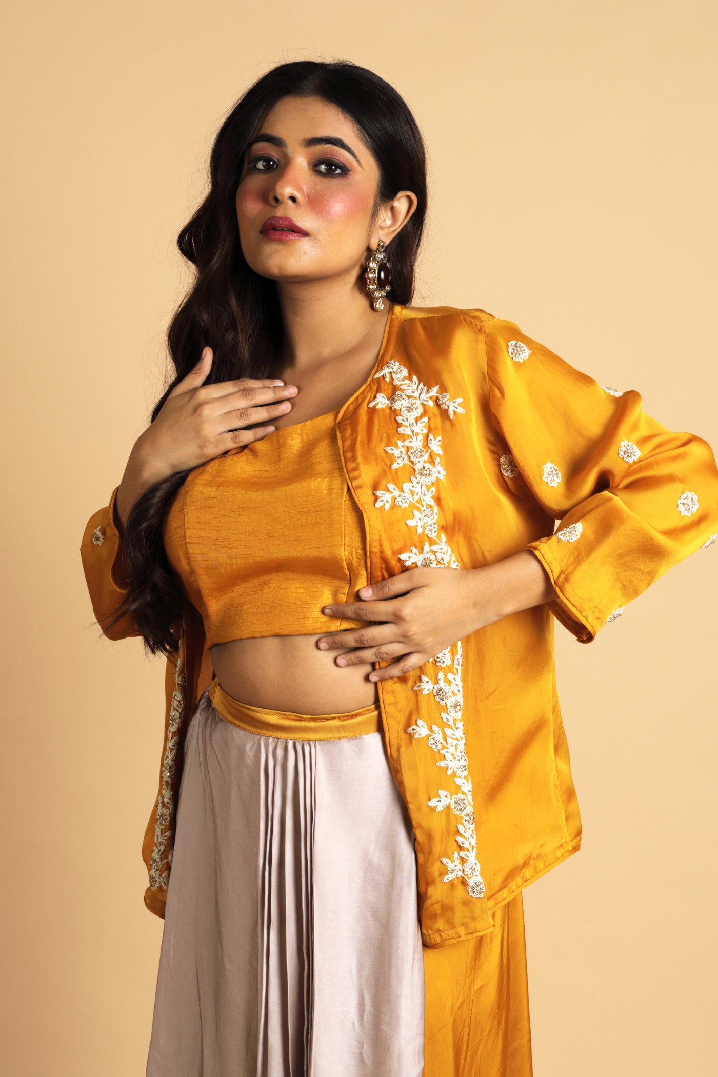 Embroidered Mustard Jacket With Crop Top And Shaded Drape Skirt