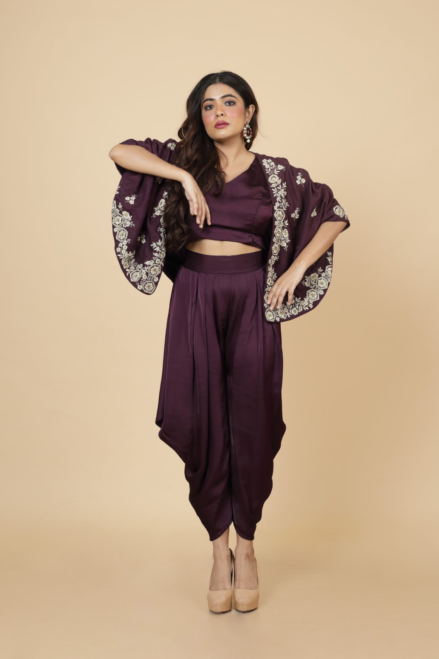 Embroidered Cape With Crop Top And Dhoti Pant