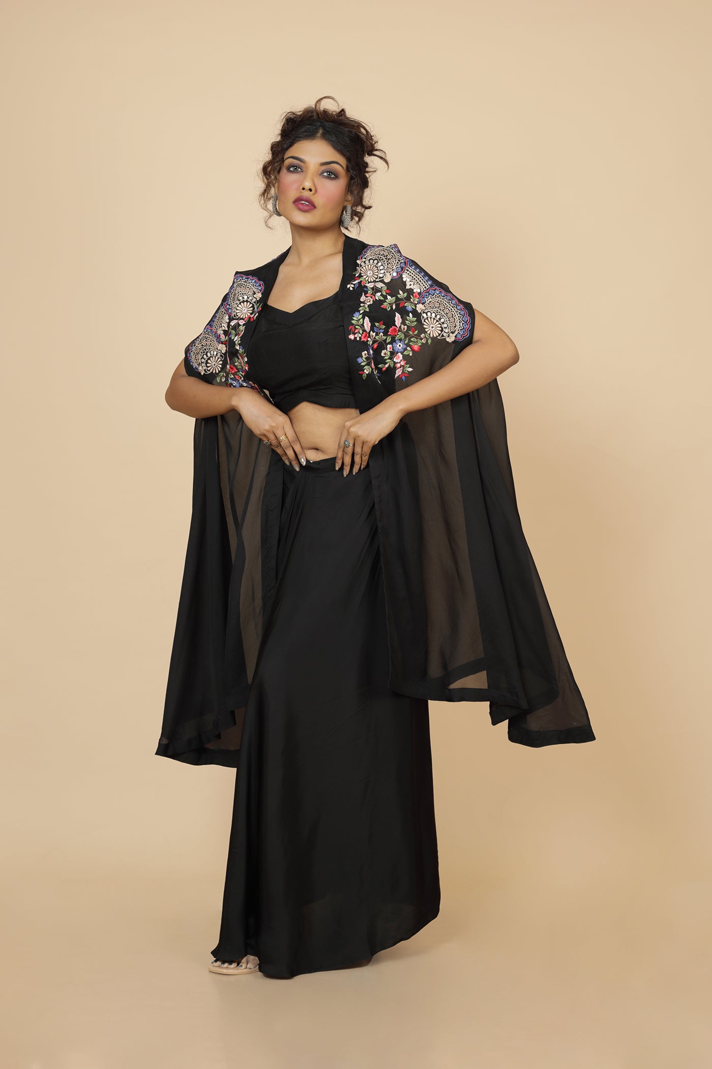 Embroidered Cape With Crop Top And Drape Skirt