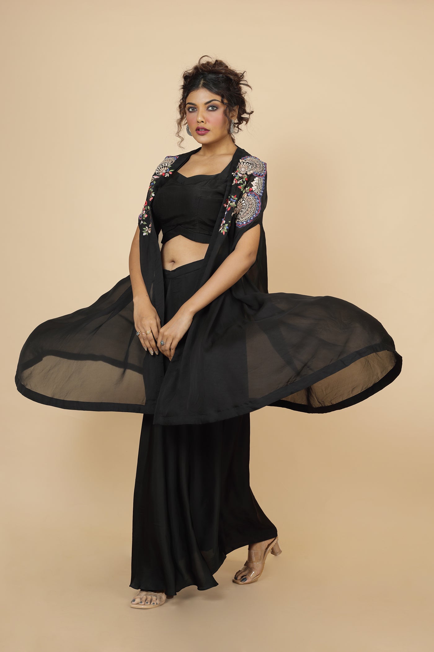 Embroidered Cape With Crop Top And Drape Skirt
