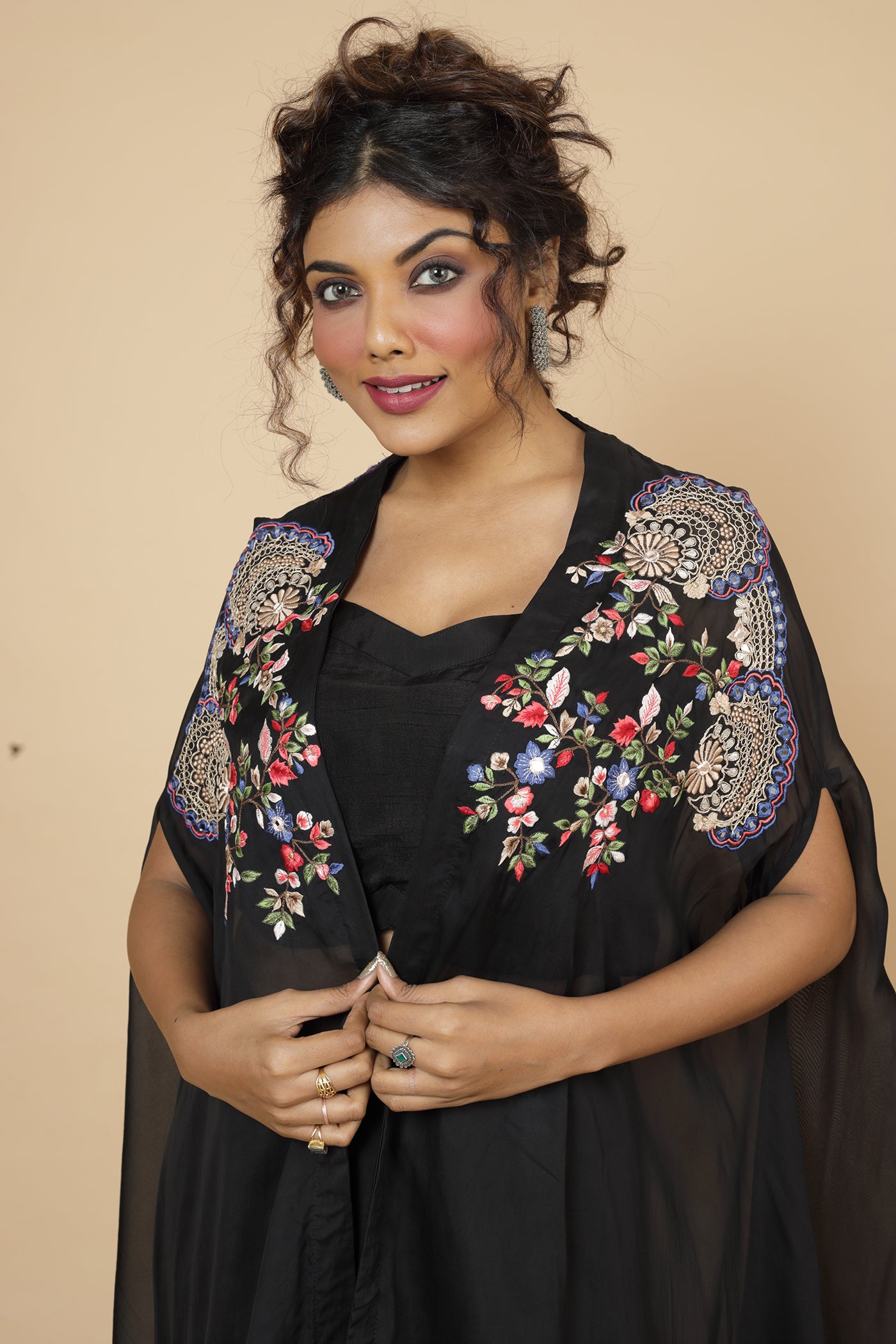 Embroidered Cape With Crop Top And Drape Skirt