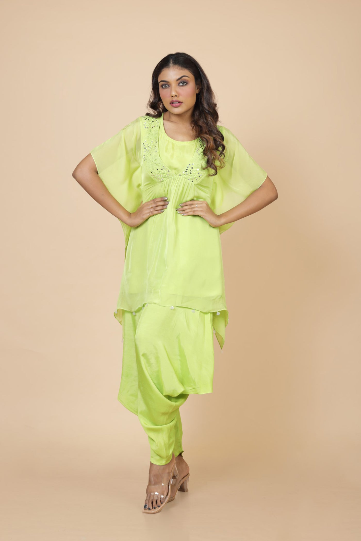Mirror Work Kaftan Top With Inner And Dhoti Pant