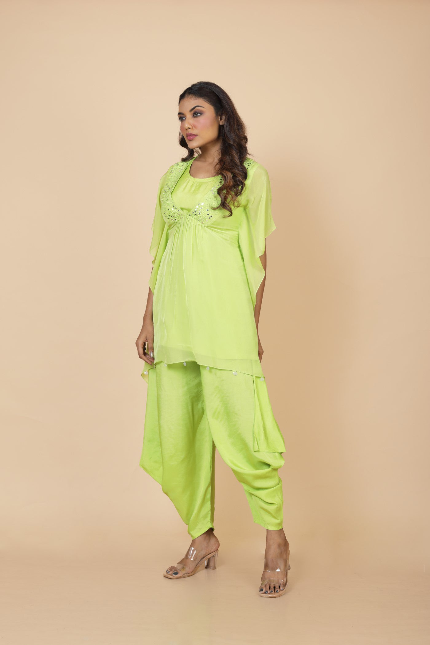 Mirror Work Kaftan Top With Inner And Dhoti Pant