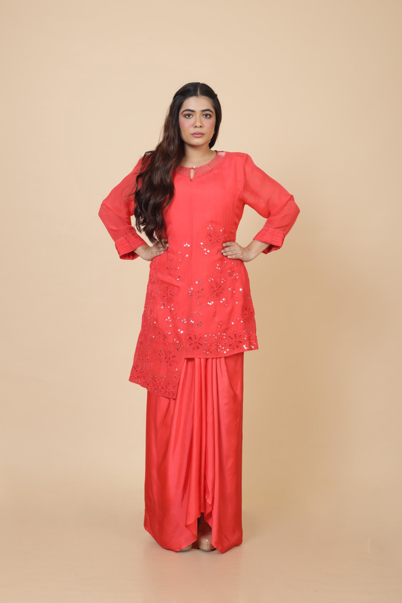 Mirror And Cutwork Kurta And Drape Skirt