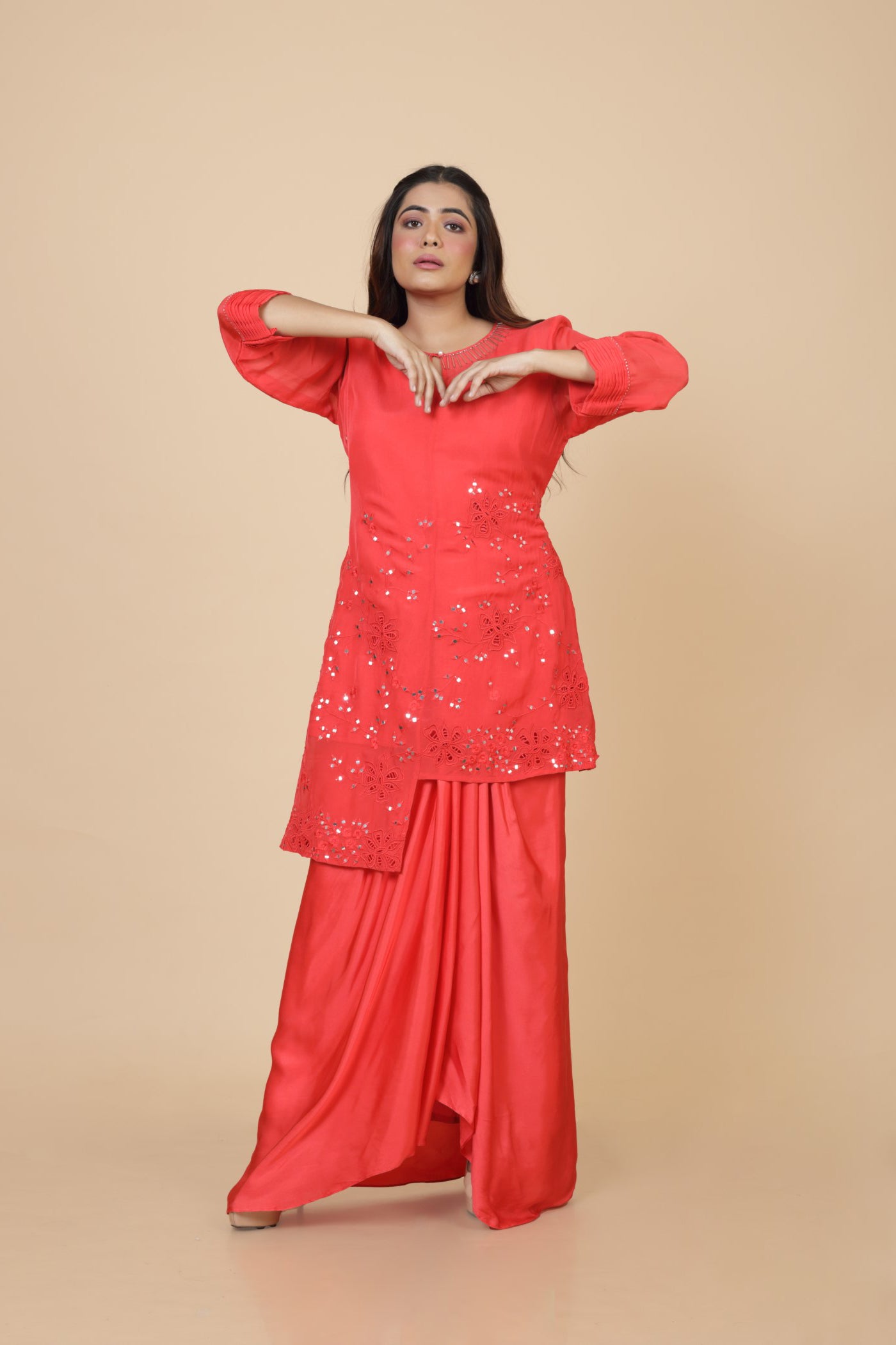 Mirror And Cutwork Kurta And Drape Skirt