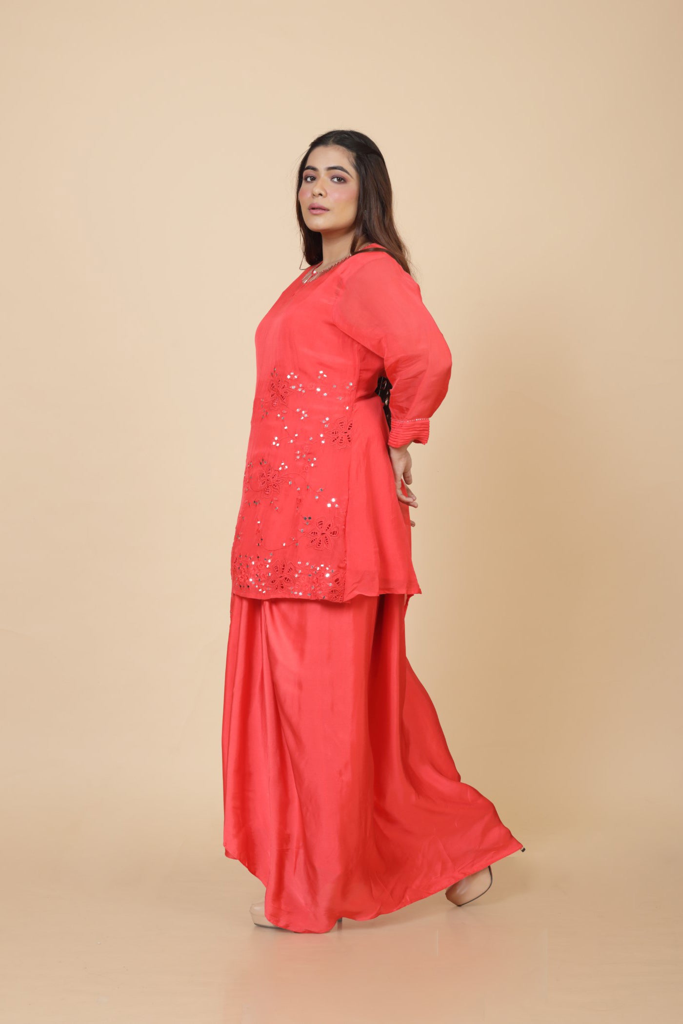 Mirror And Cutwork Kurta And Drape Skirt
