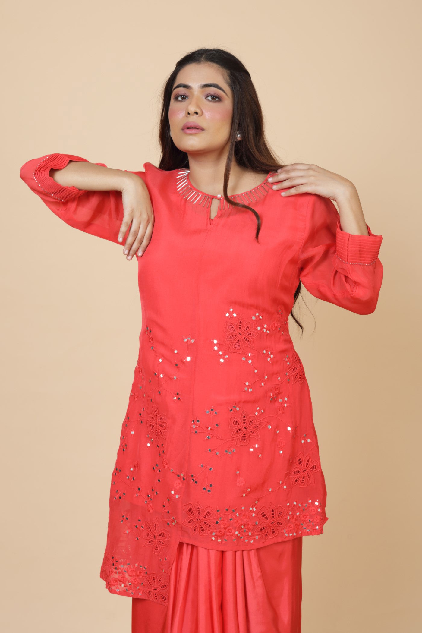 Mirror And Cutwork Kurta And Drape Skirt