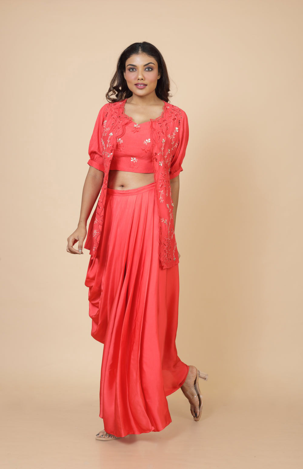 Embroidered Jacket With Crop Top And Skirt
