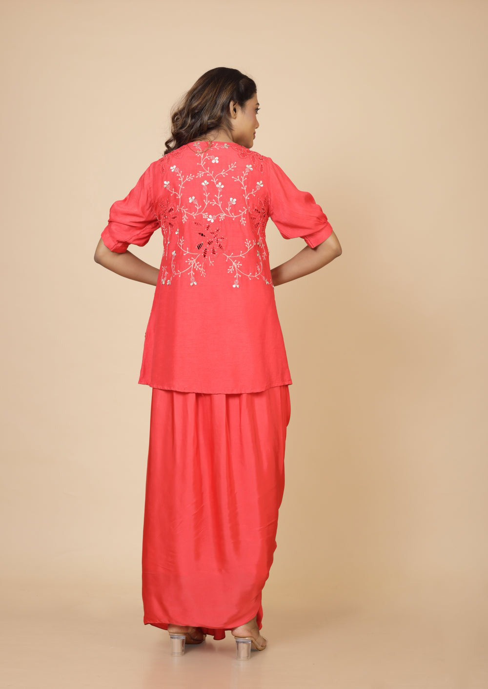Embroidered Jacket With Crop Top And Skirt