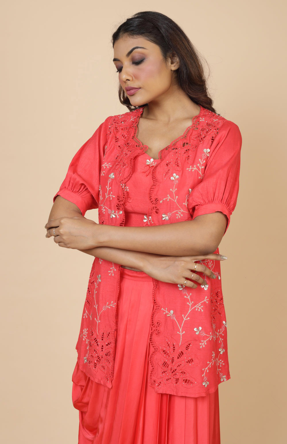 Embroidered Jacket With Crop Top And Skirt