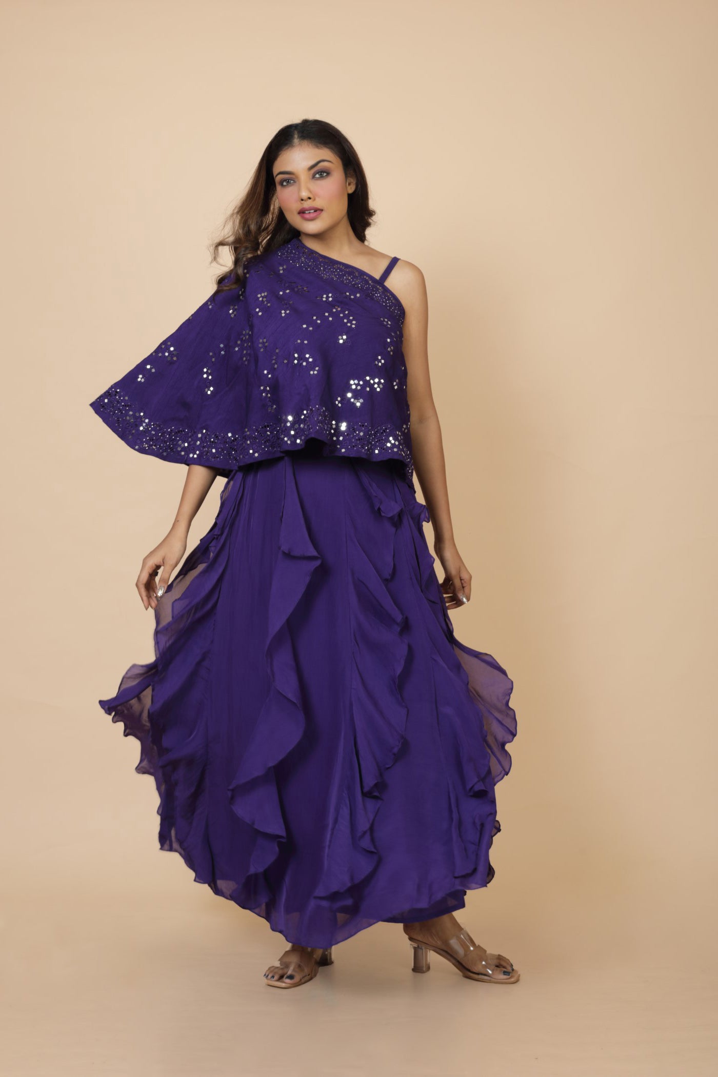 Off Shoulder Cape And Ruffle Skirt With Crop Top