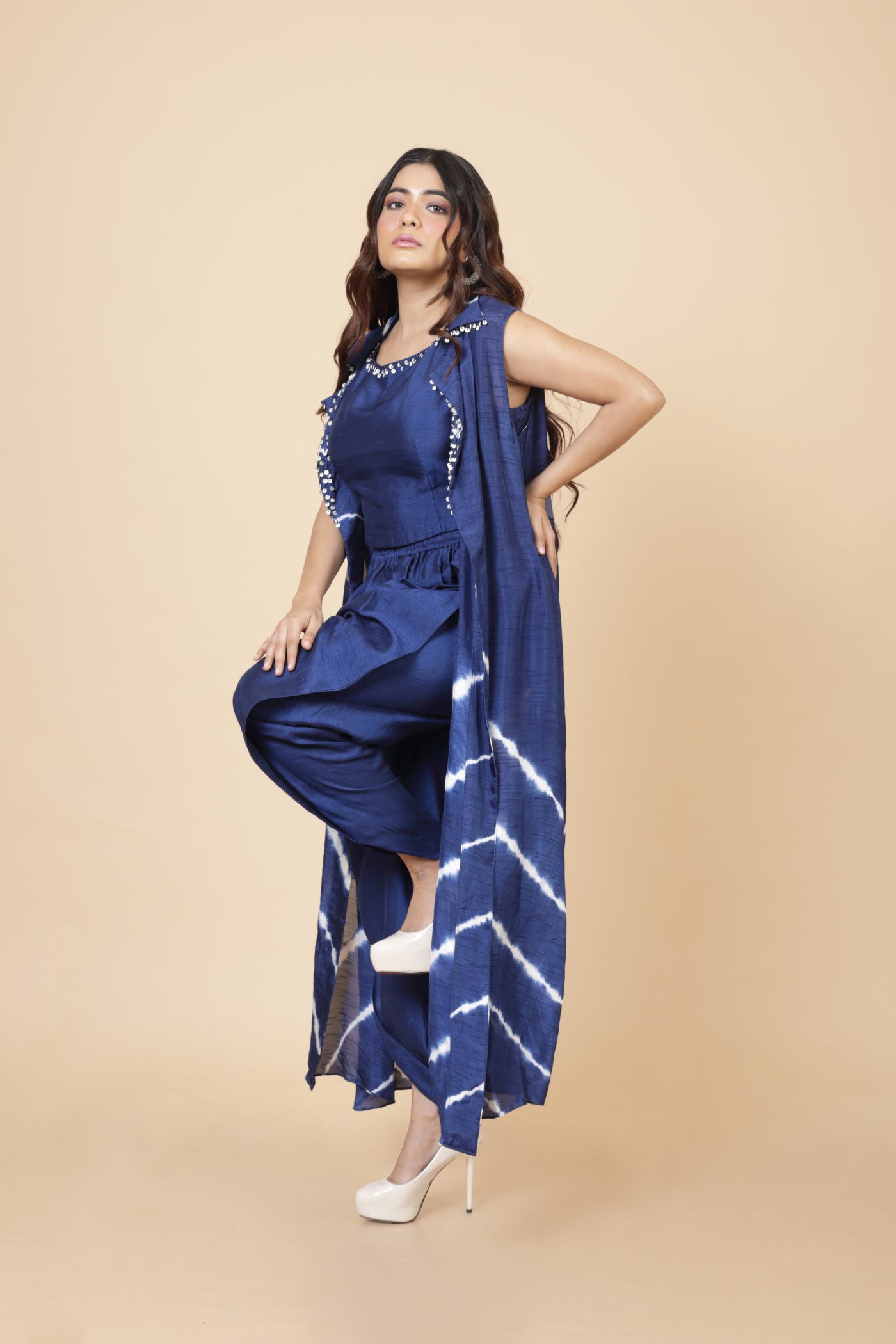 Shibori Jacket With Crop Top And Tulip Pant