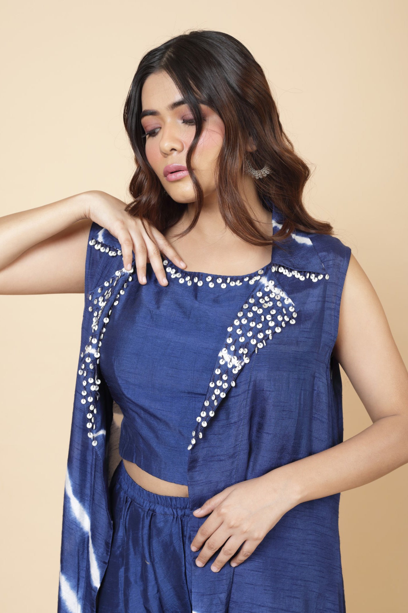 Shibori Jacket With Crop Top And Tulip Pant