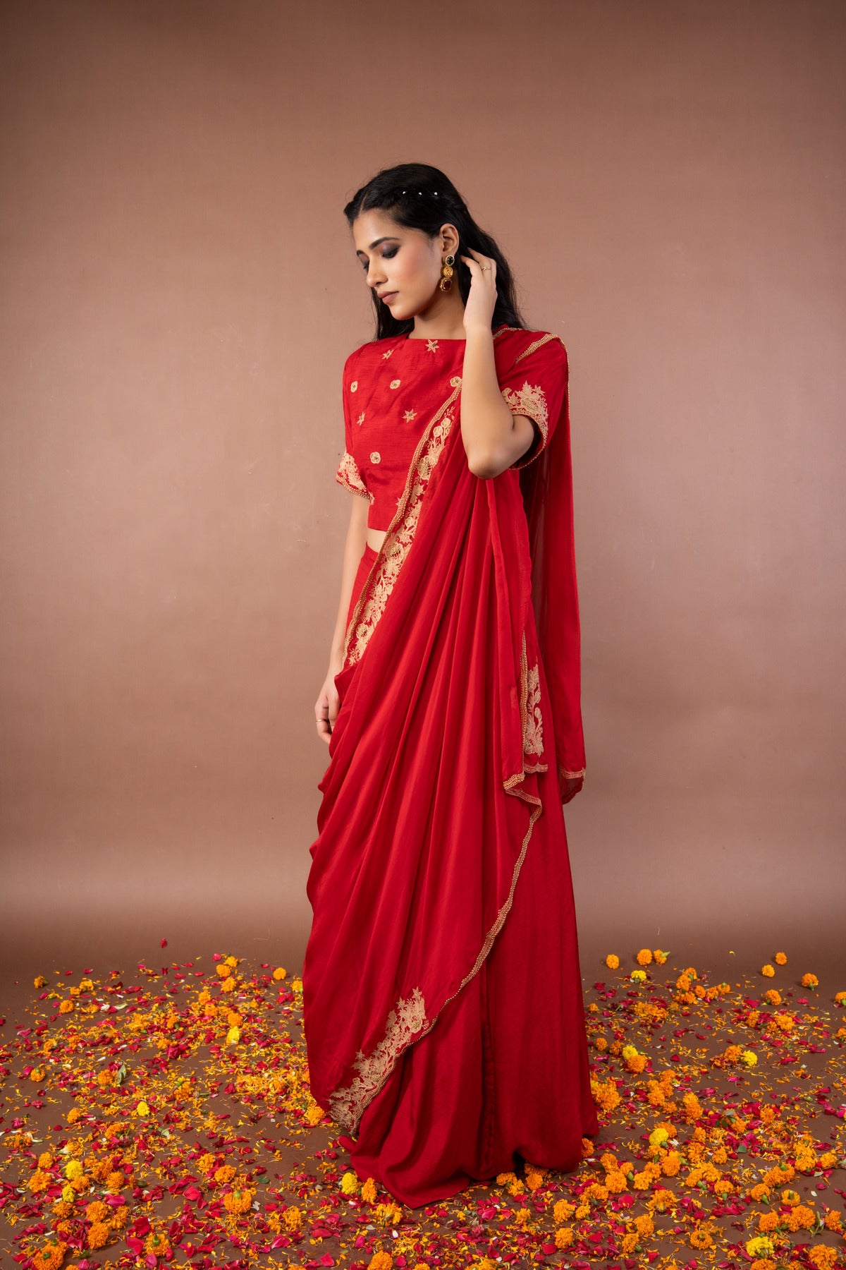 Sari Style dupatta drape with crop top and skirt