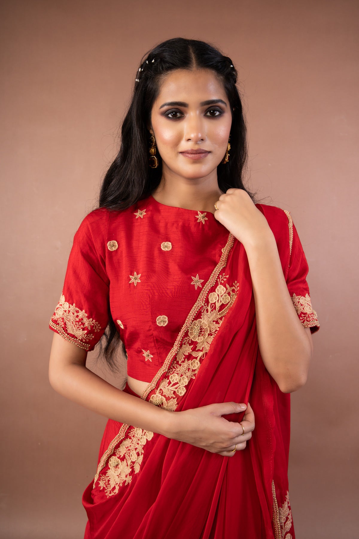 Sari Style dupatta drape with crop top and skirt
