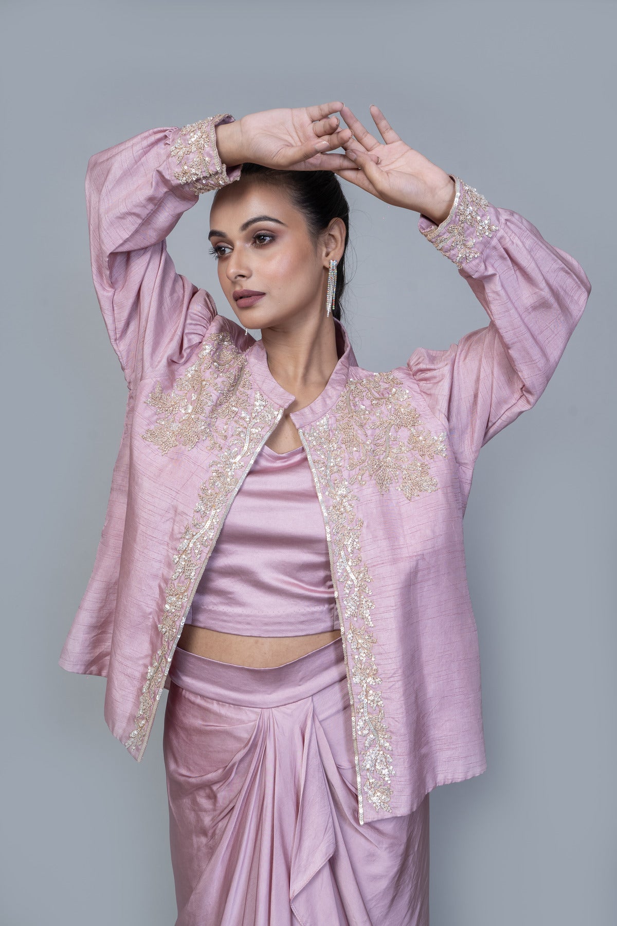 EMBROIDERED JACKET WITH CROP TOP AND DRAPE SKIRT