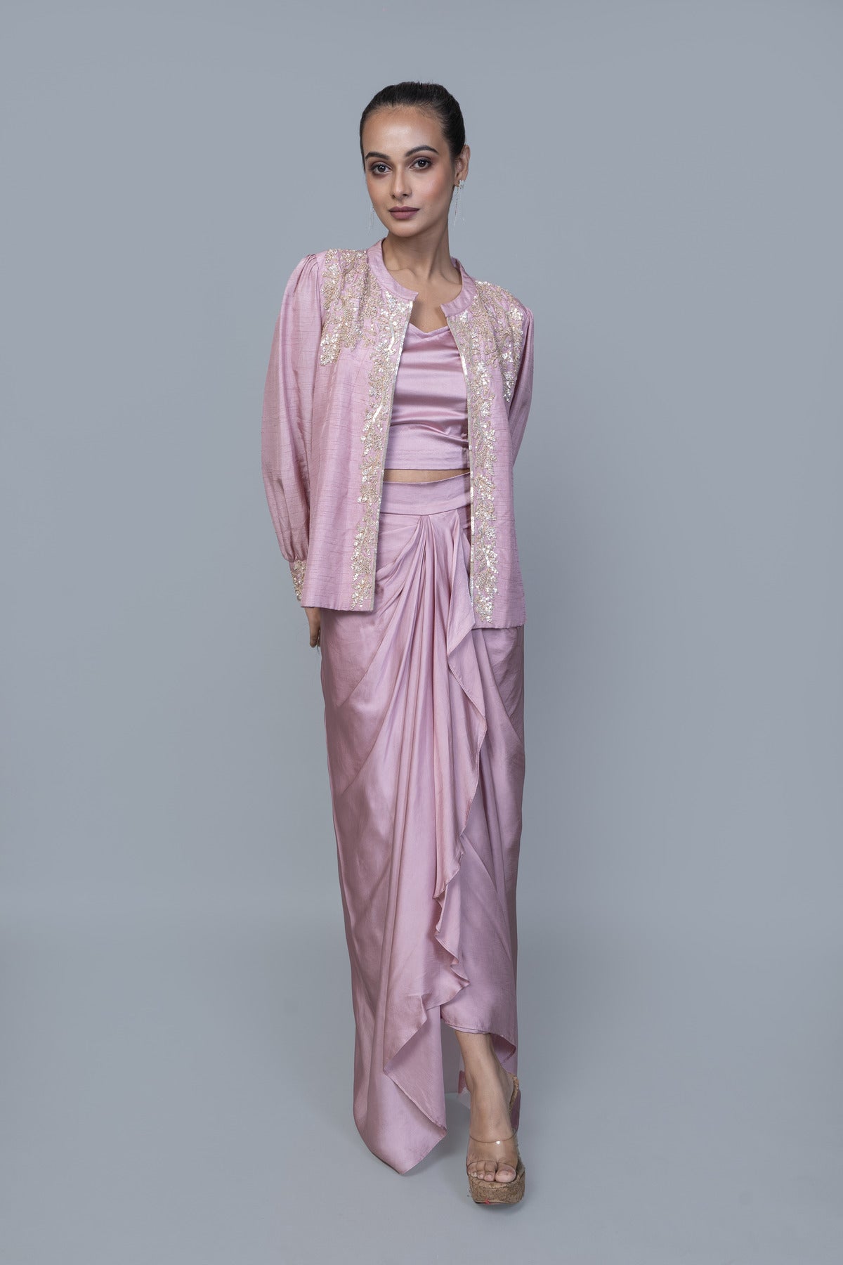 EMBROIDERED JACKET WITH CROP TOP AND DRAPE SKIRT