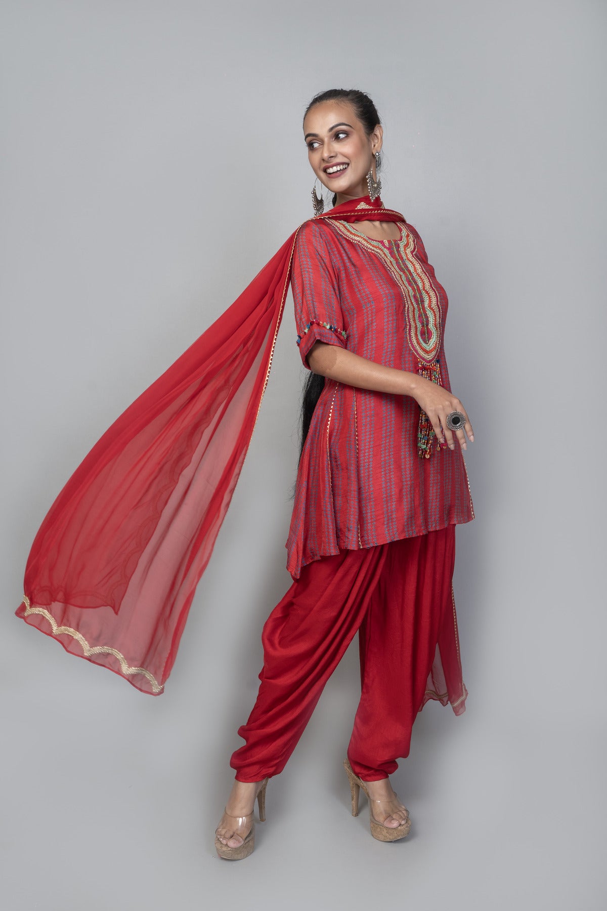 EMBROIDERED KURTA WITH DHOTI PANT AND EMBROIDERED DUPATTA