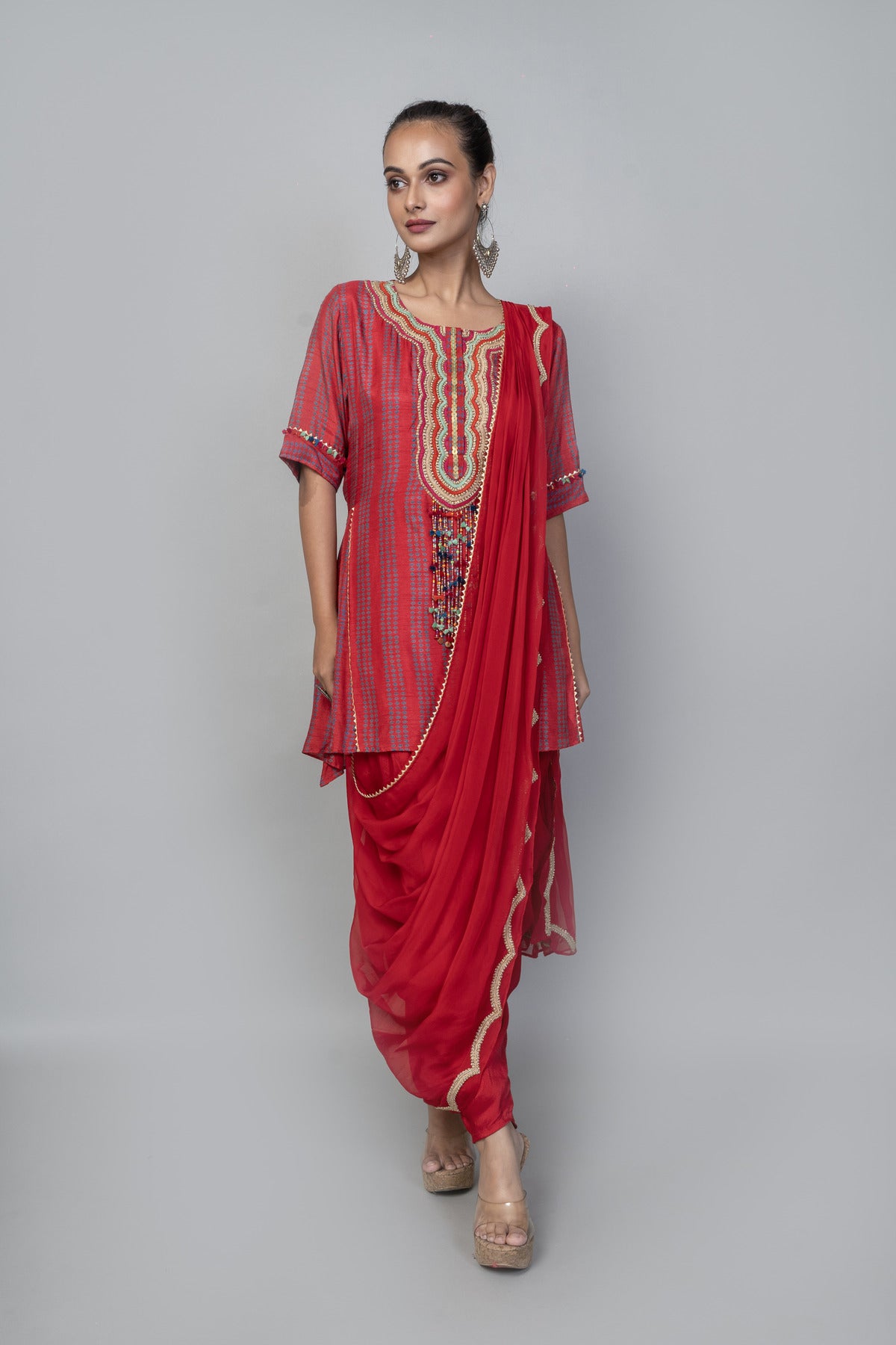 EMBROIDERED KURTA WITH DHOTI PANT AND EMBROIDERED DUPATTA