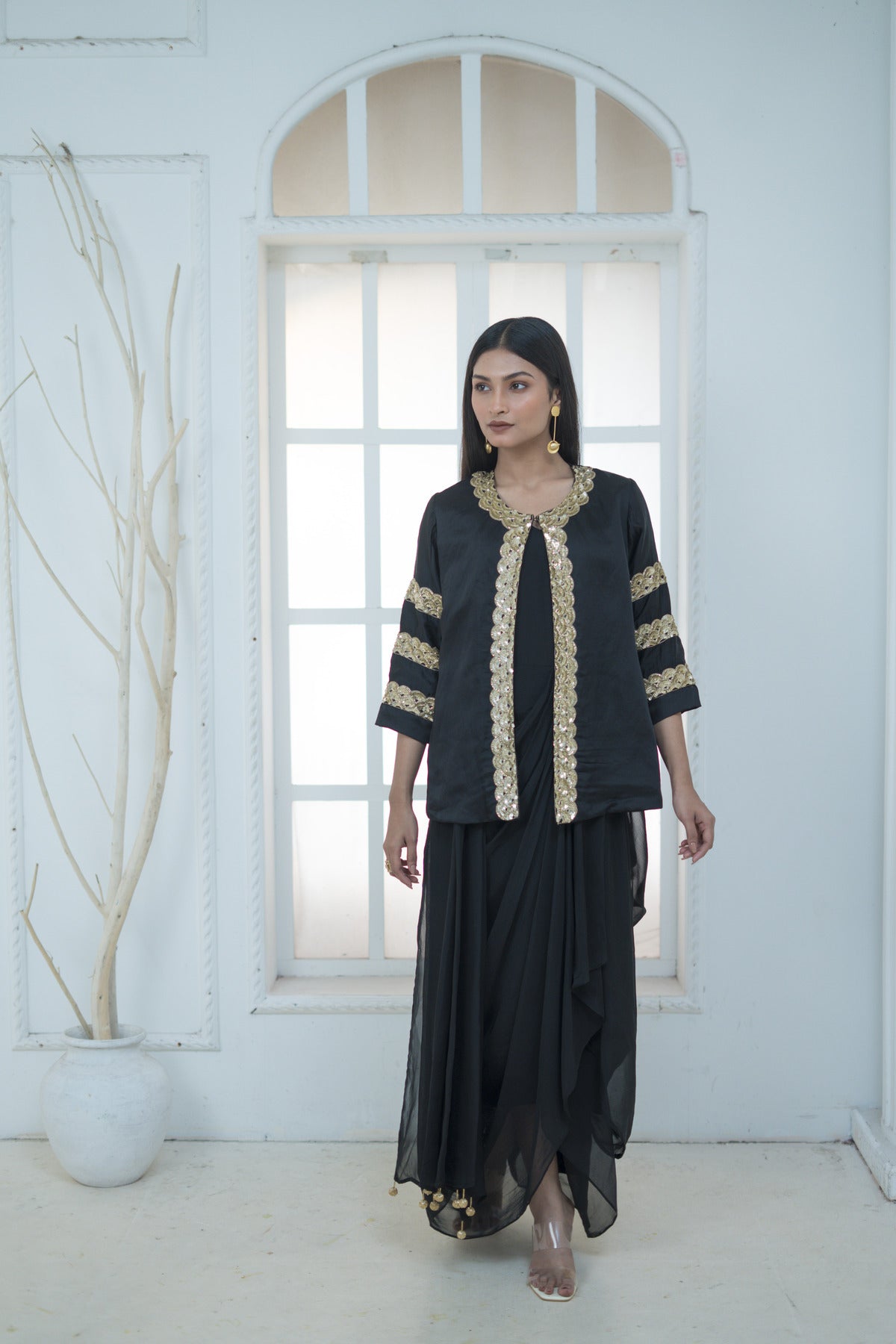 Embroidered Jacket with Drape Dress