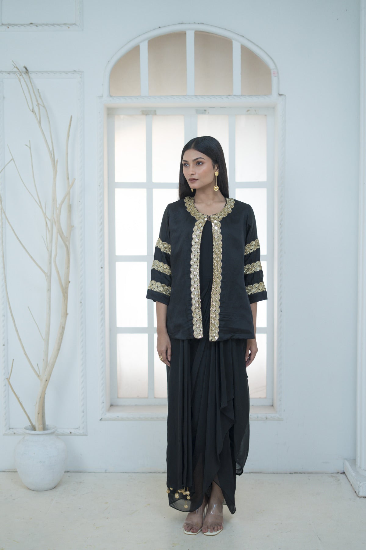 Embroidered Jacket with Drape Dress