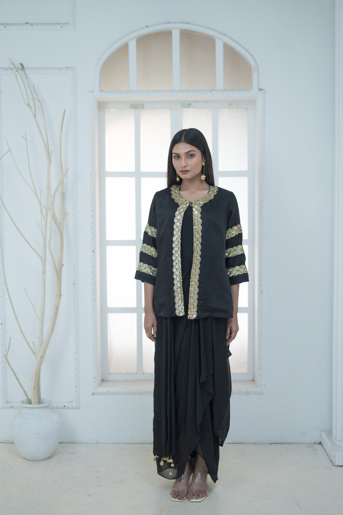 Embroidered Jacket with Drape Dress