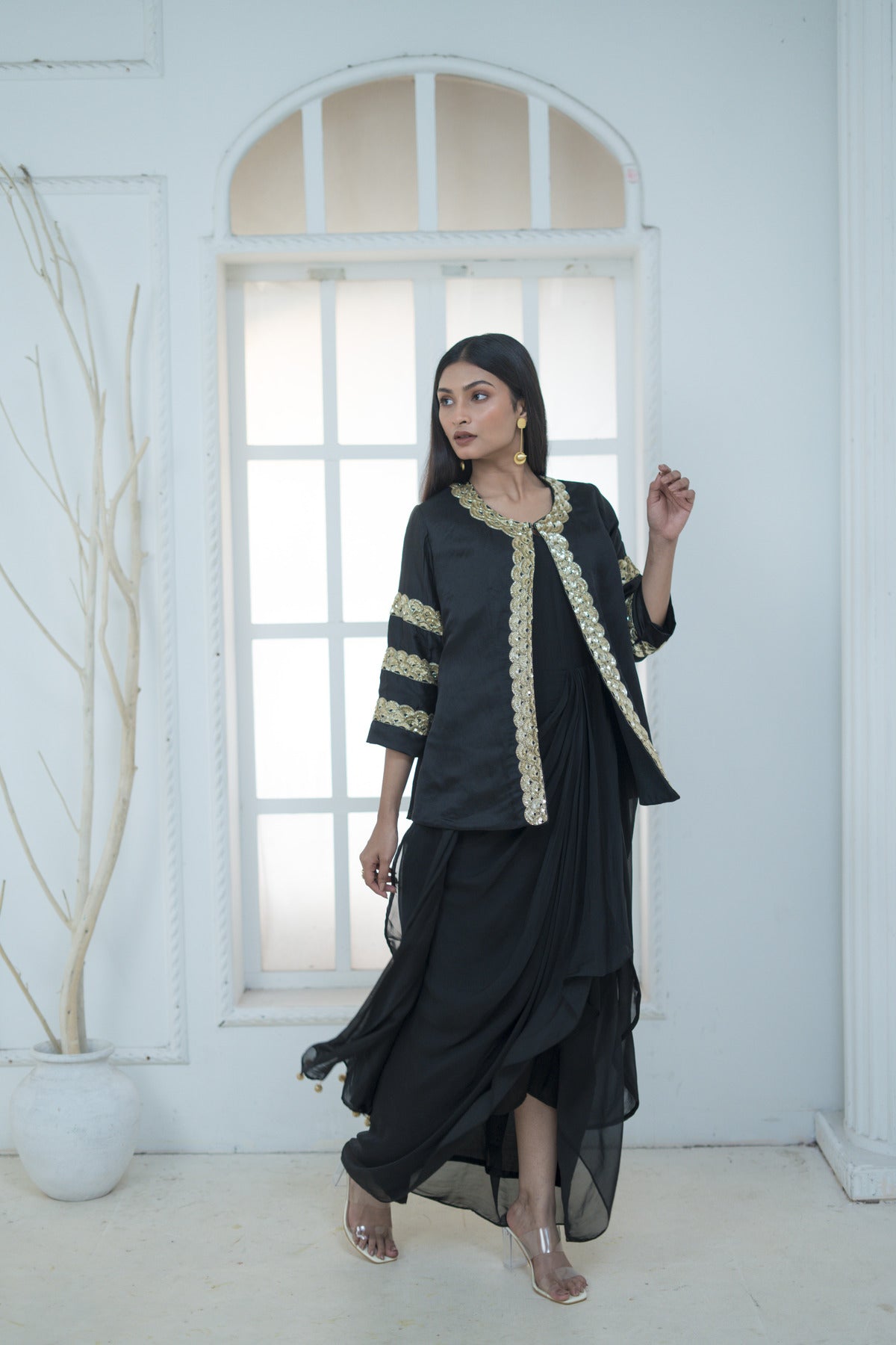 Embroidered Jacket with Drape Dress