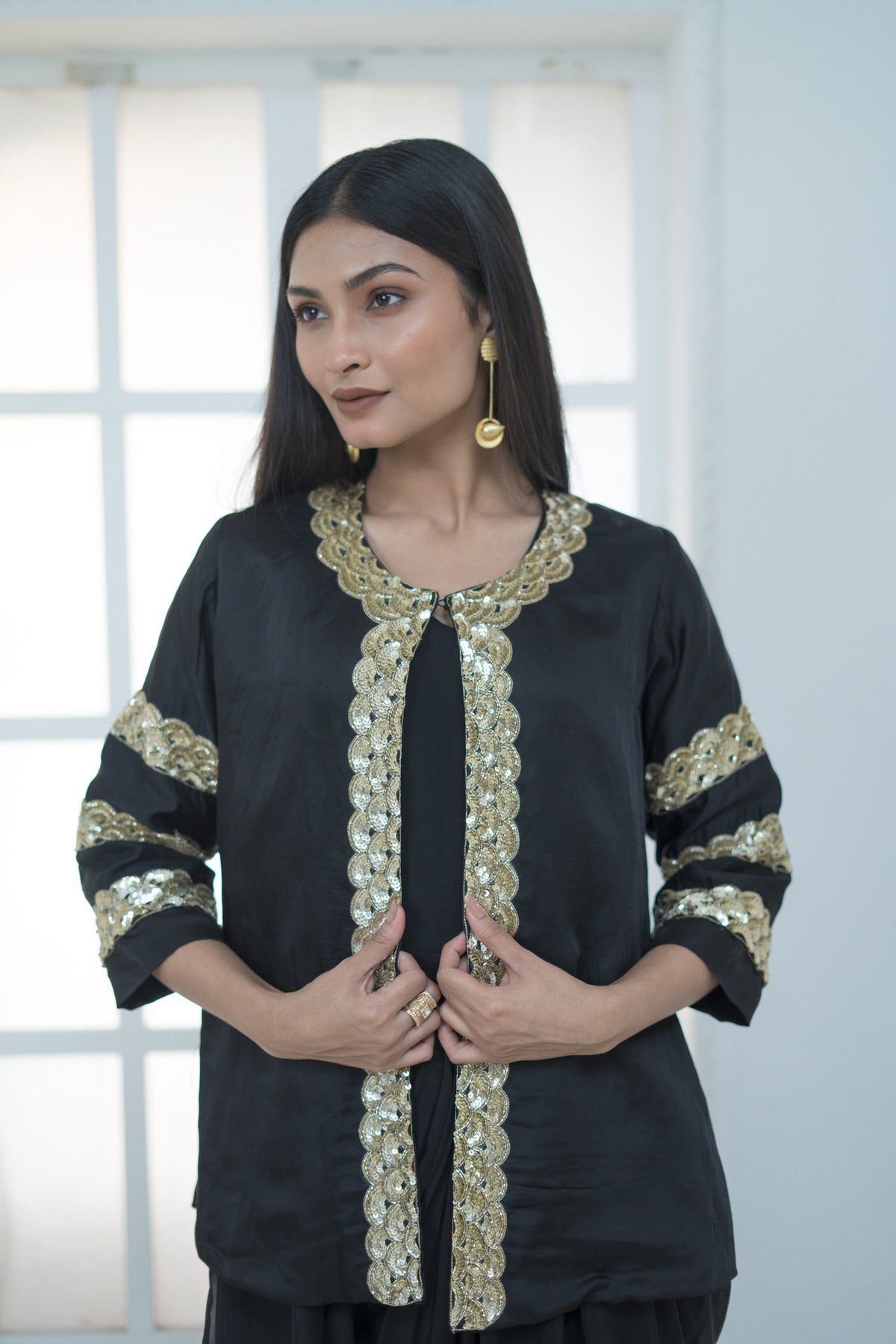 Embroidered Jacket with Drape Dress