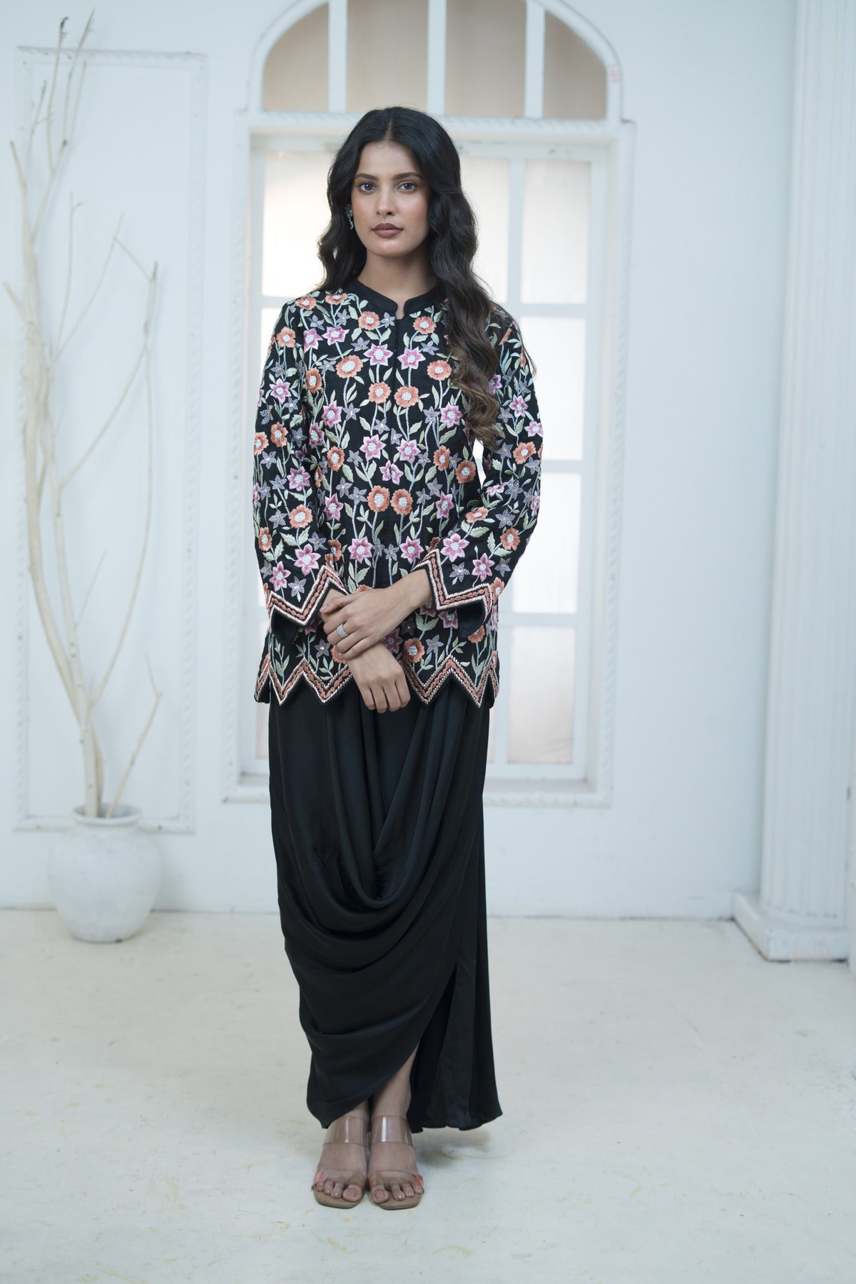 EMBROIDERED JACKET WITH DRAPE SKIRT