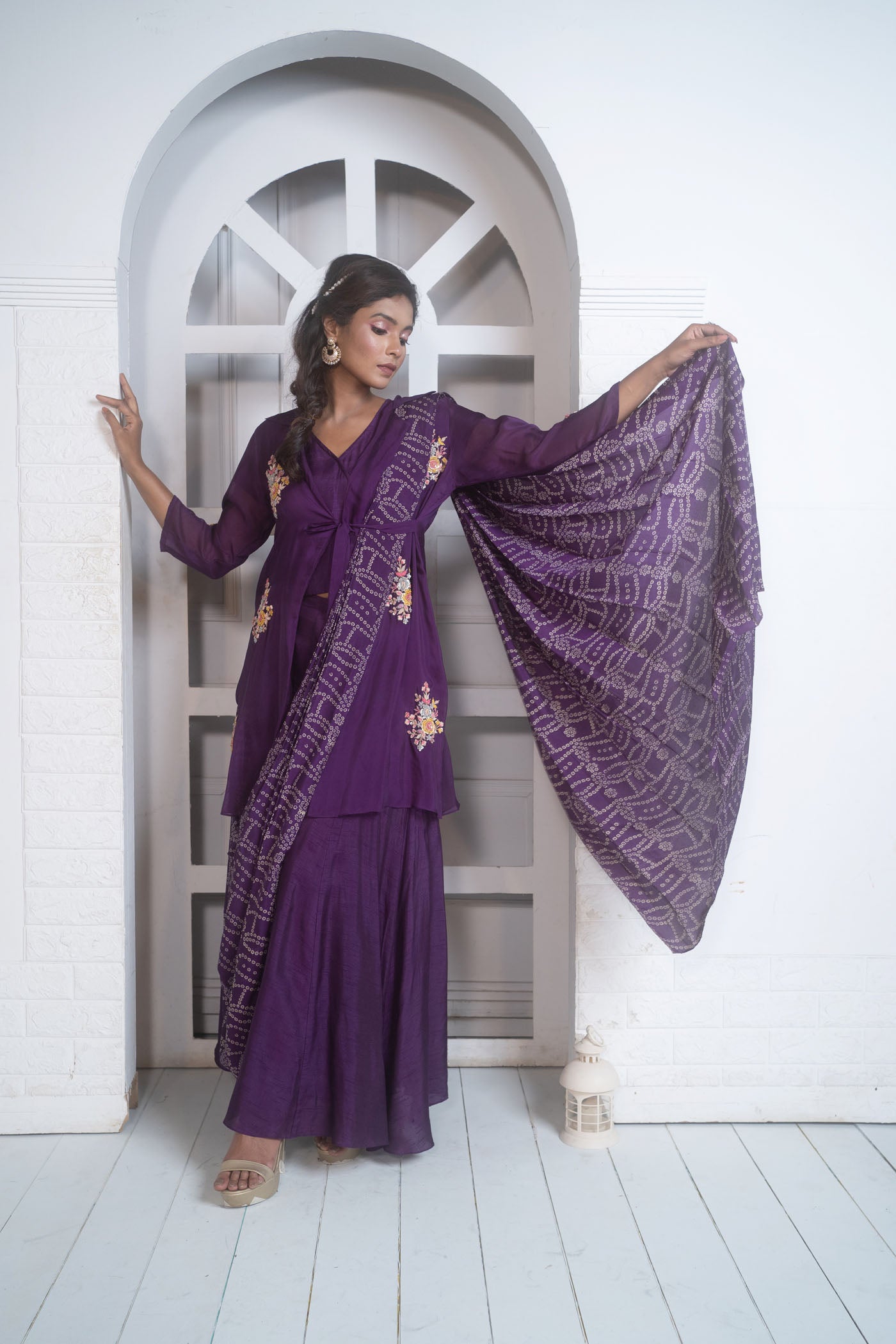 Buy Crop Top With Embroidery Jacket And Drape Palazzo 9C Design