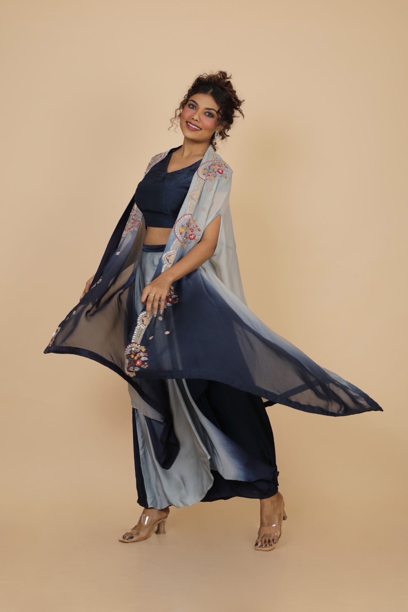 Embroidered Ombre Cape With Crop Top And Drape Skirt