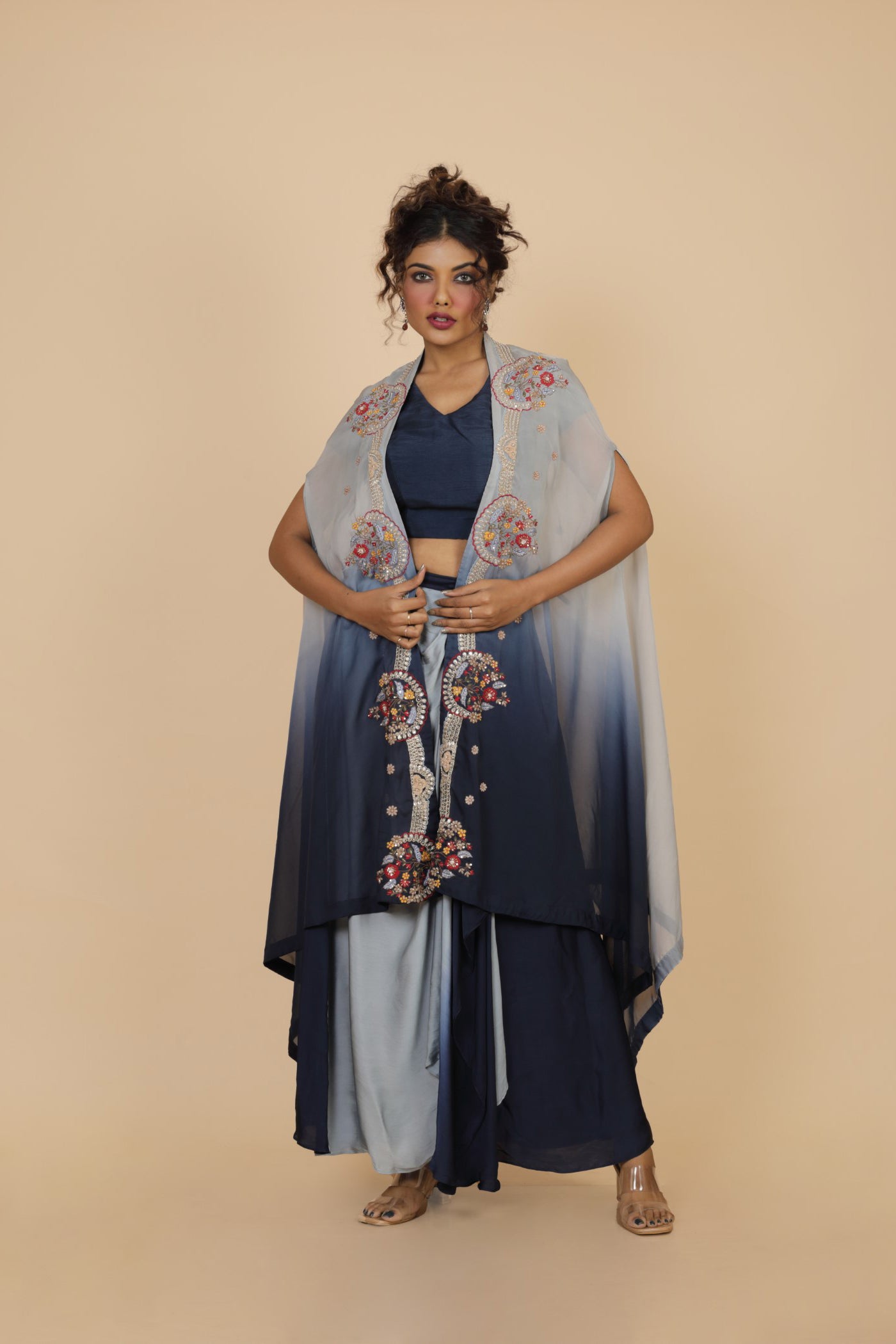 Embroidered Ombre Cape With Crop Top And Drape Skirt