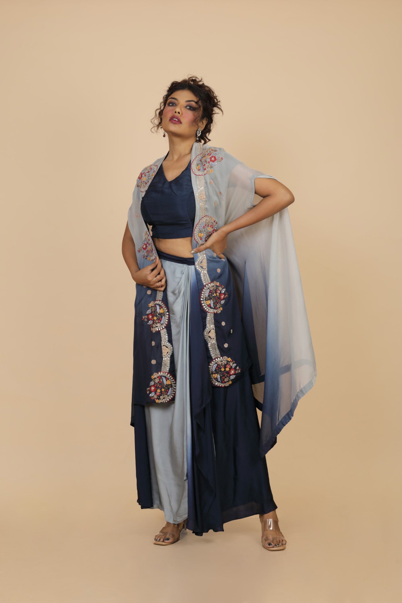 Embroidered Ombre Cape With Crop Top And Drape Skirt