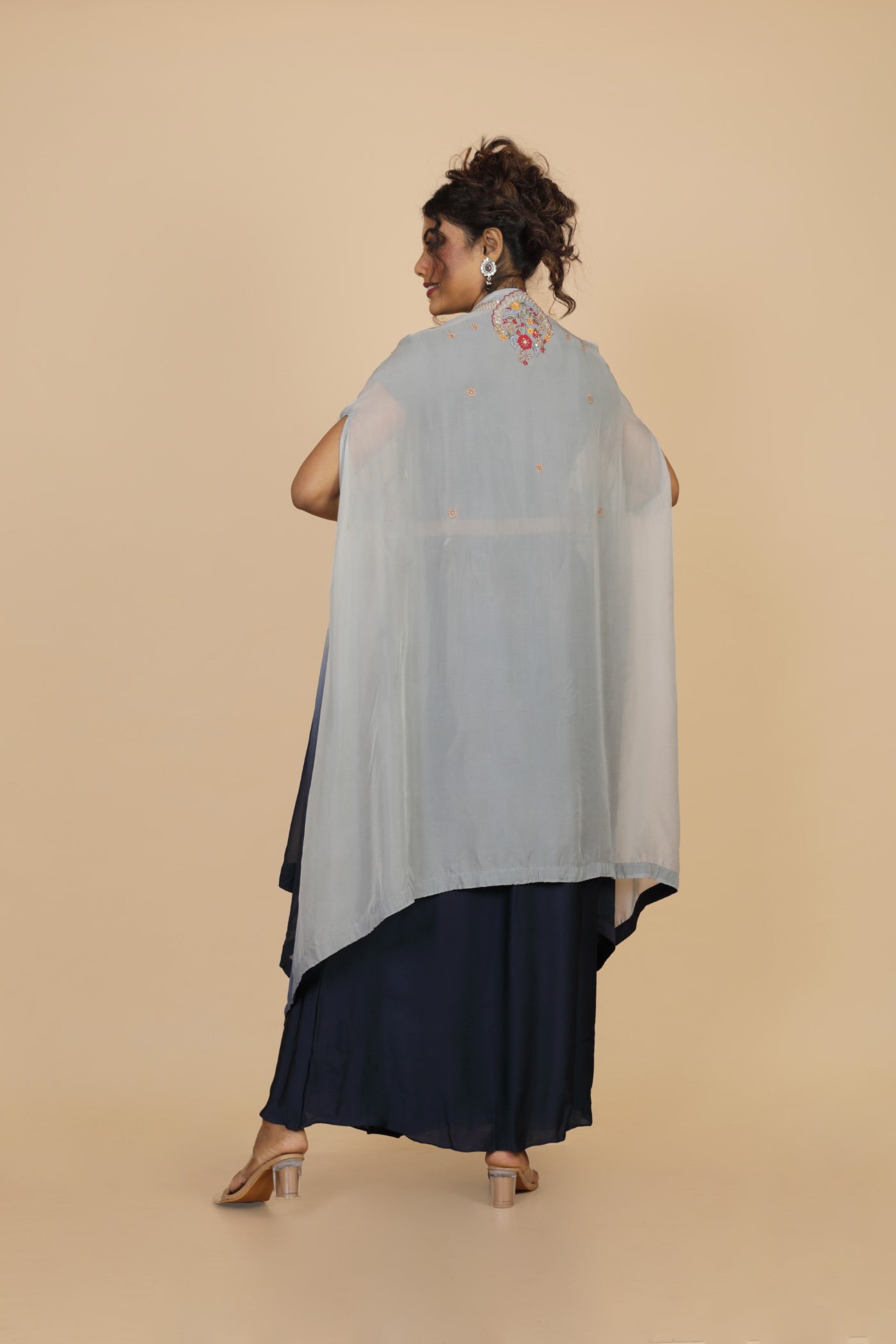 Embroidered Ombre Cape With Crop Top And Drape Skirt