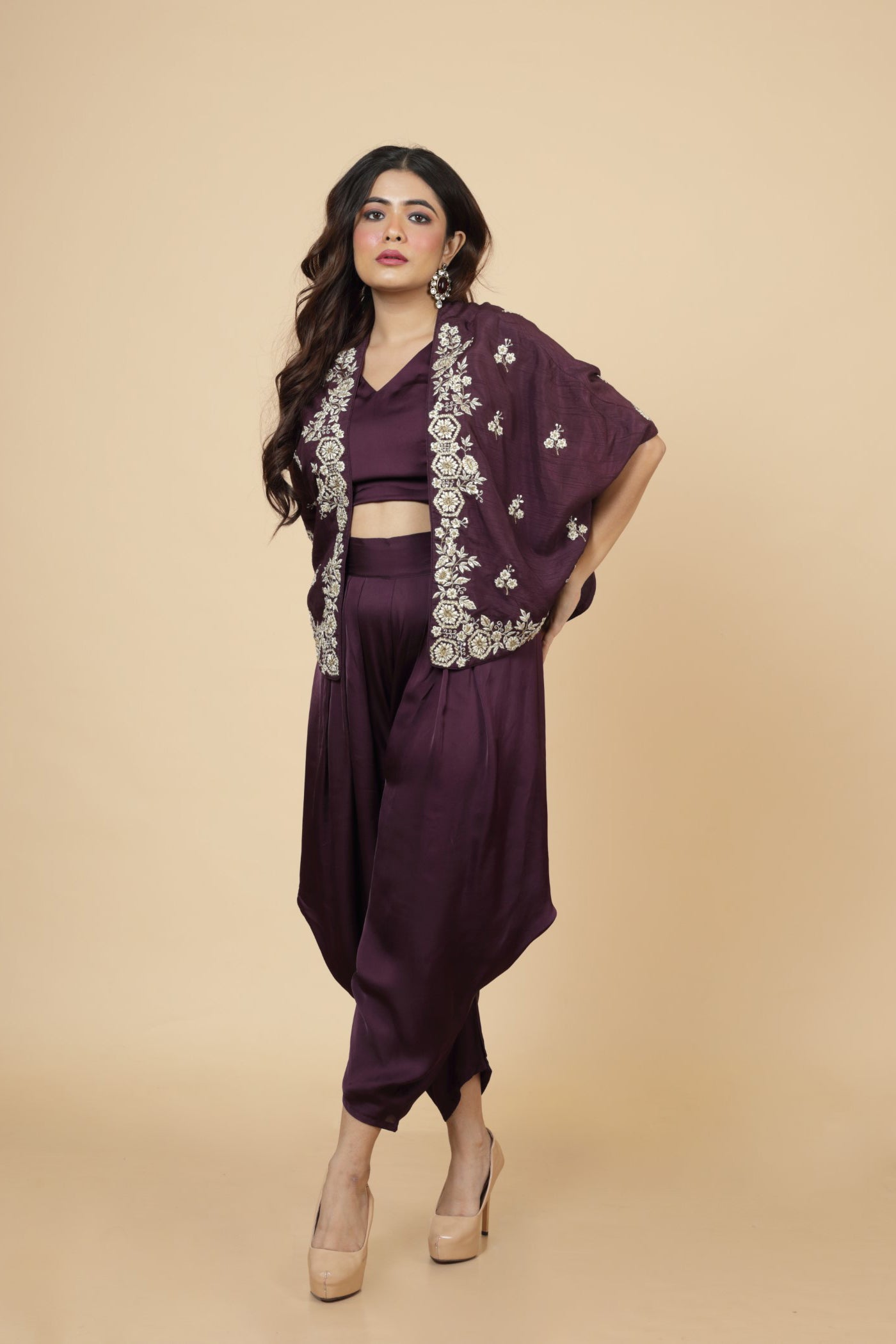 Embroidered  Cape With Crop Top And Dhoti Pant