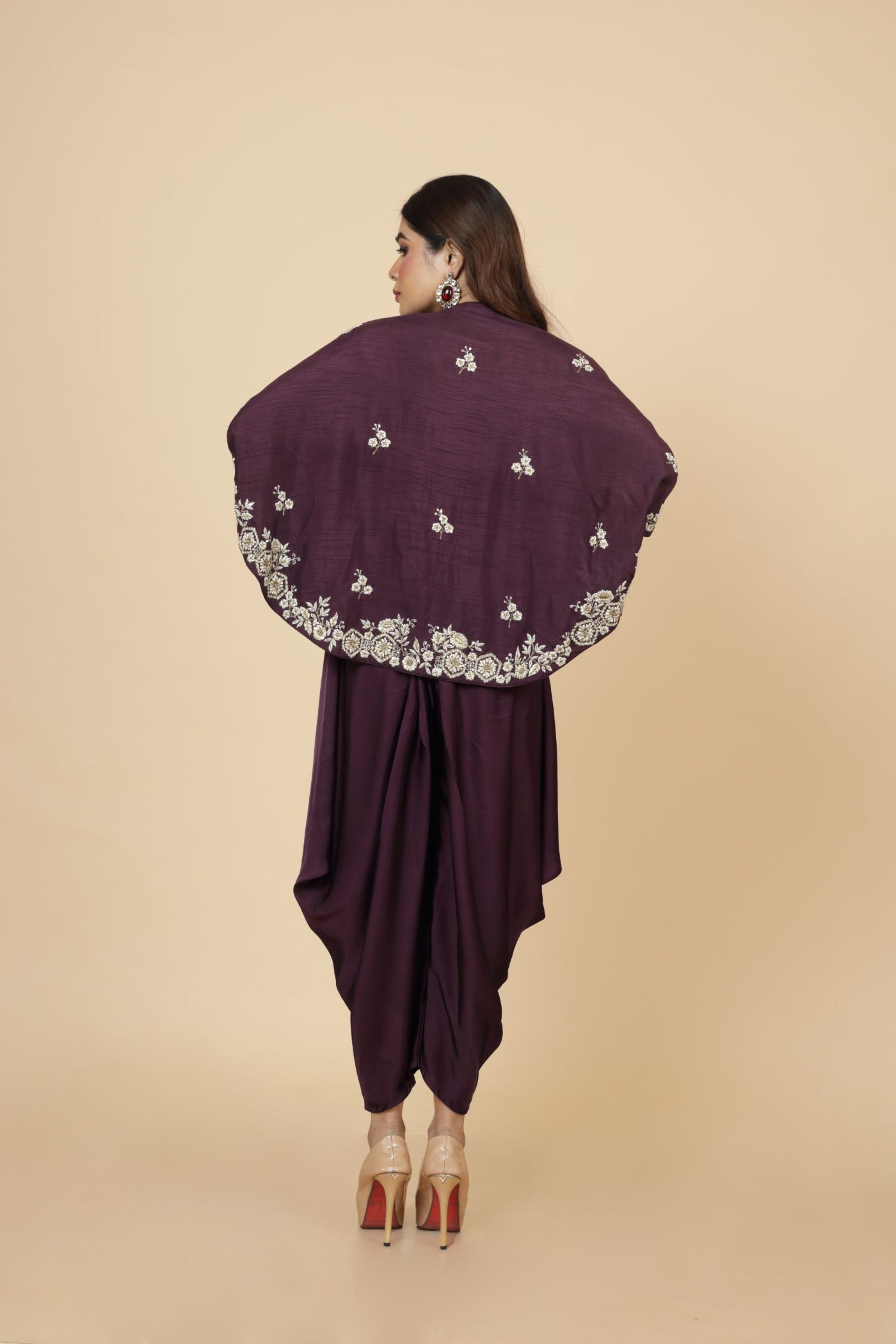 Embroidered  Cape With Crop Top And Dhoti Pant