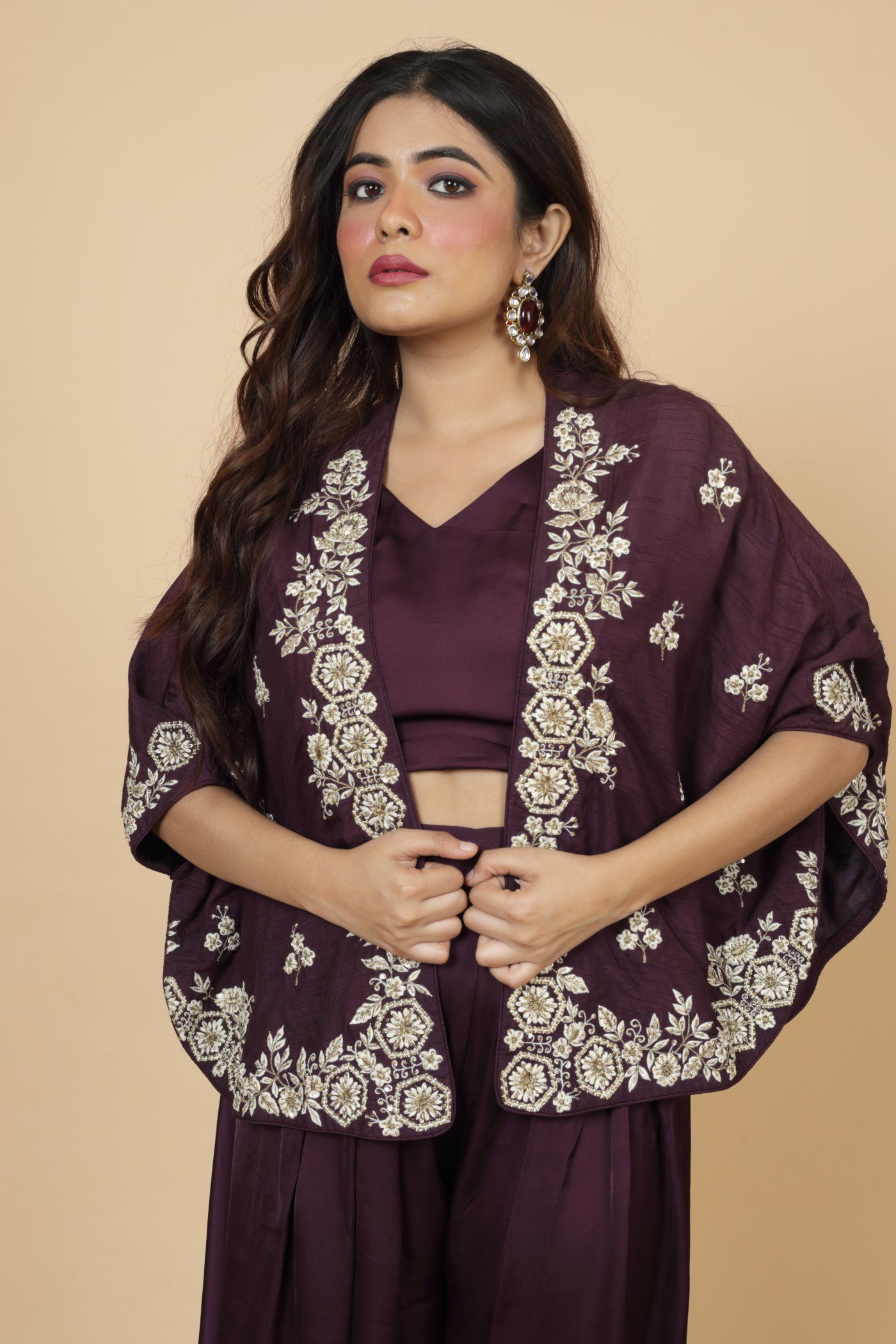 Embroidered  Cape With Crop Top And Dhoti Pant