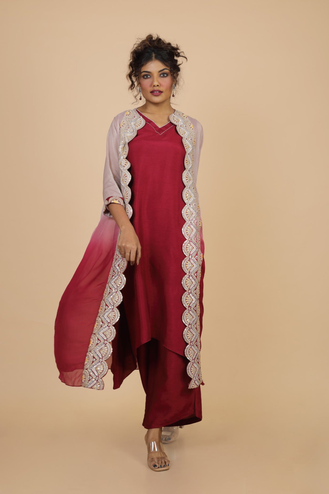 Ombre Embroidered Jacket With Long Kurta And Flared Pant