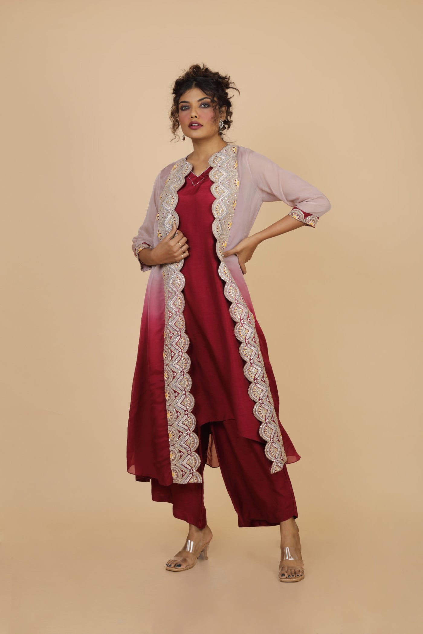 Ombre Embroidered Jacket With Long Kurta And Flared Pant