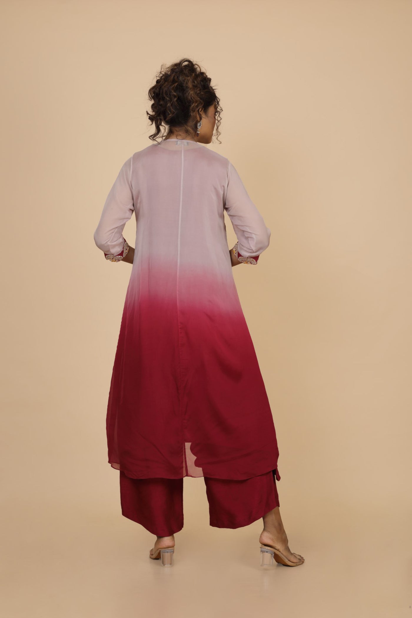 Ombre Embroidered Jacket With Long Kurta And Flared Pant