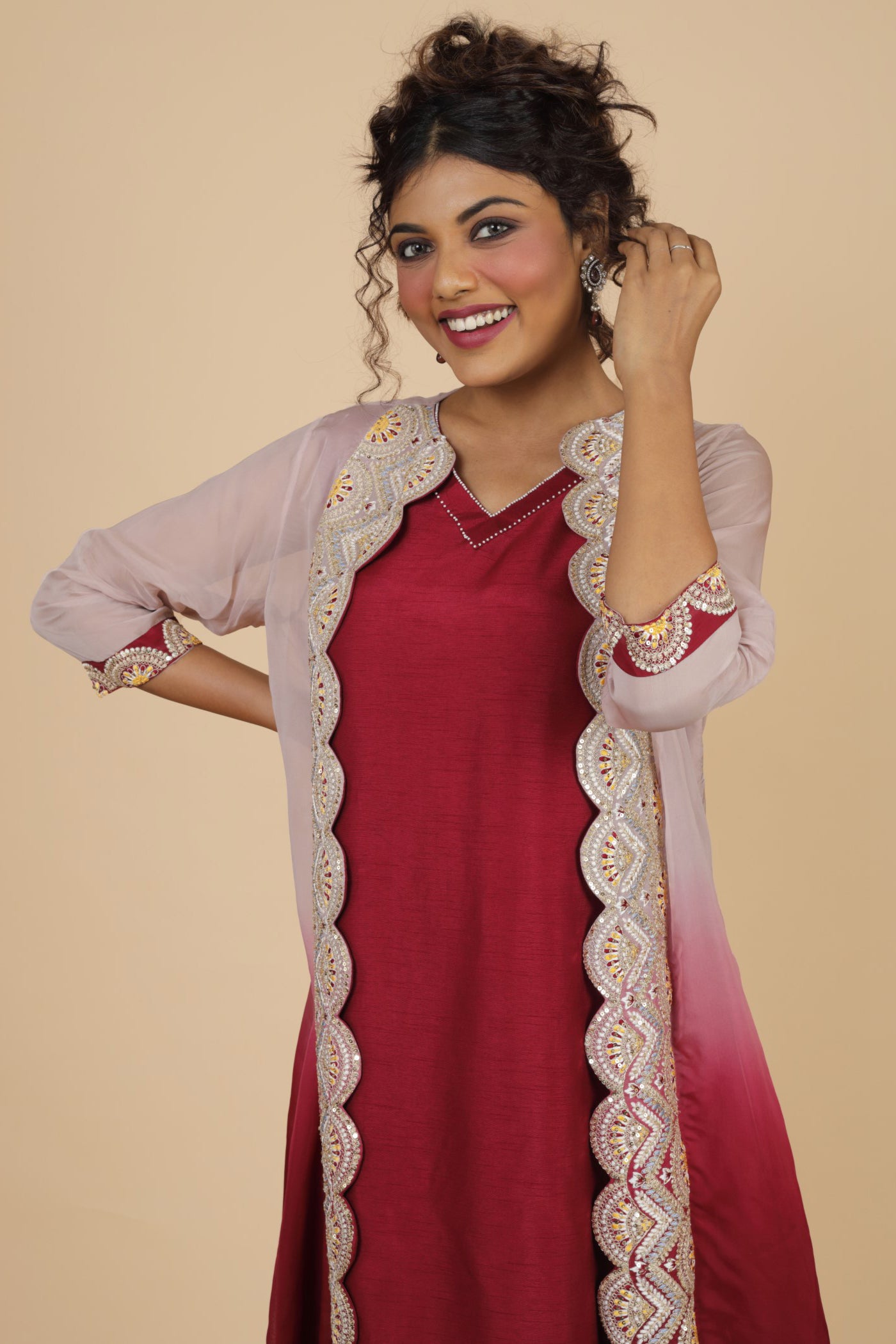 Ombre Embroidered Jacket With Long Kurta And Flared Pant