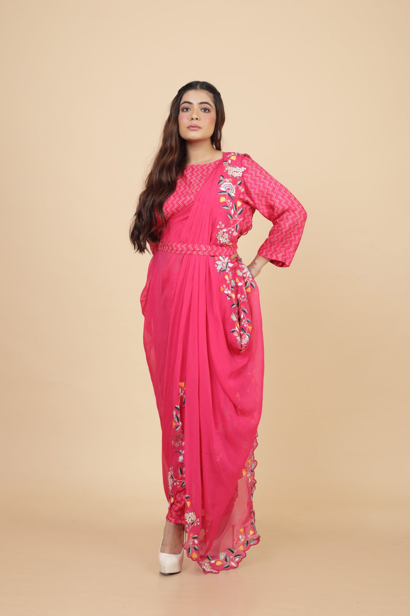 Embroidered Drape With Crop Top And Dhoti Pant