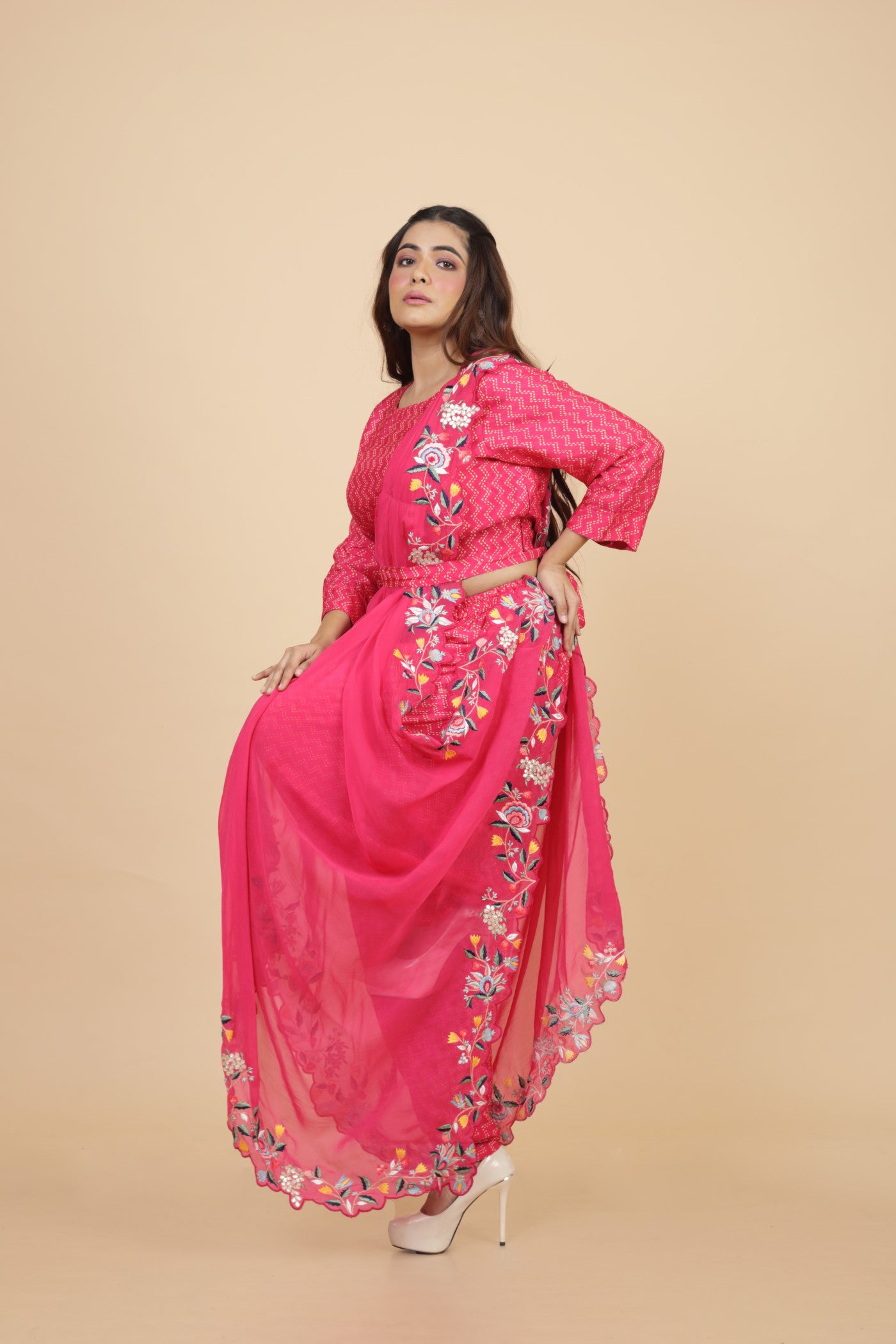 Embroidered Drape With Crop Top And Dhoti Pant