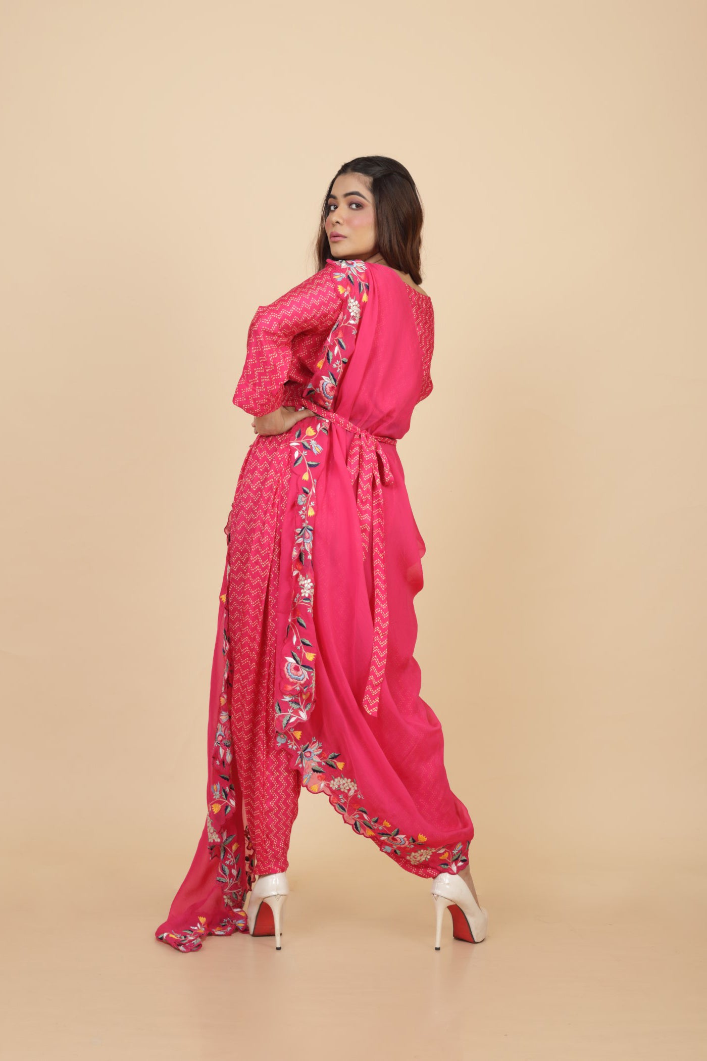 Embroidered Drape With Crop Top And Dhoti Pant