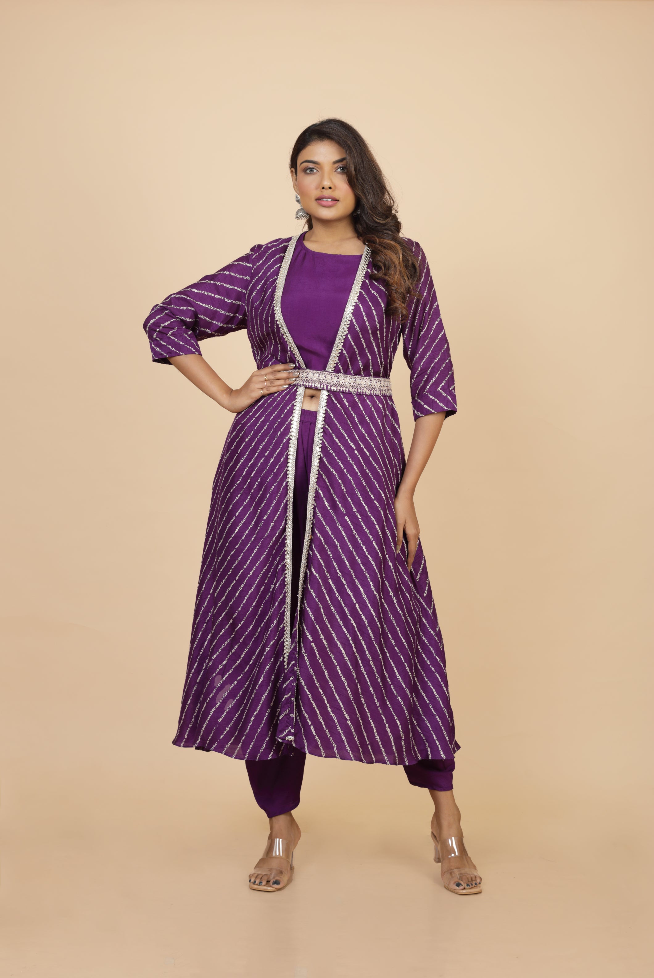 Printed Zari Work Jacket With Crop Top And Dhoti Pant