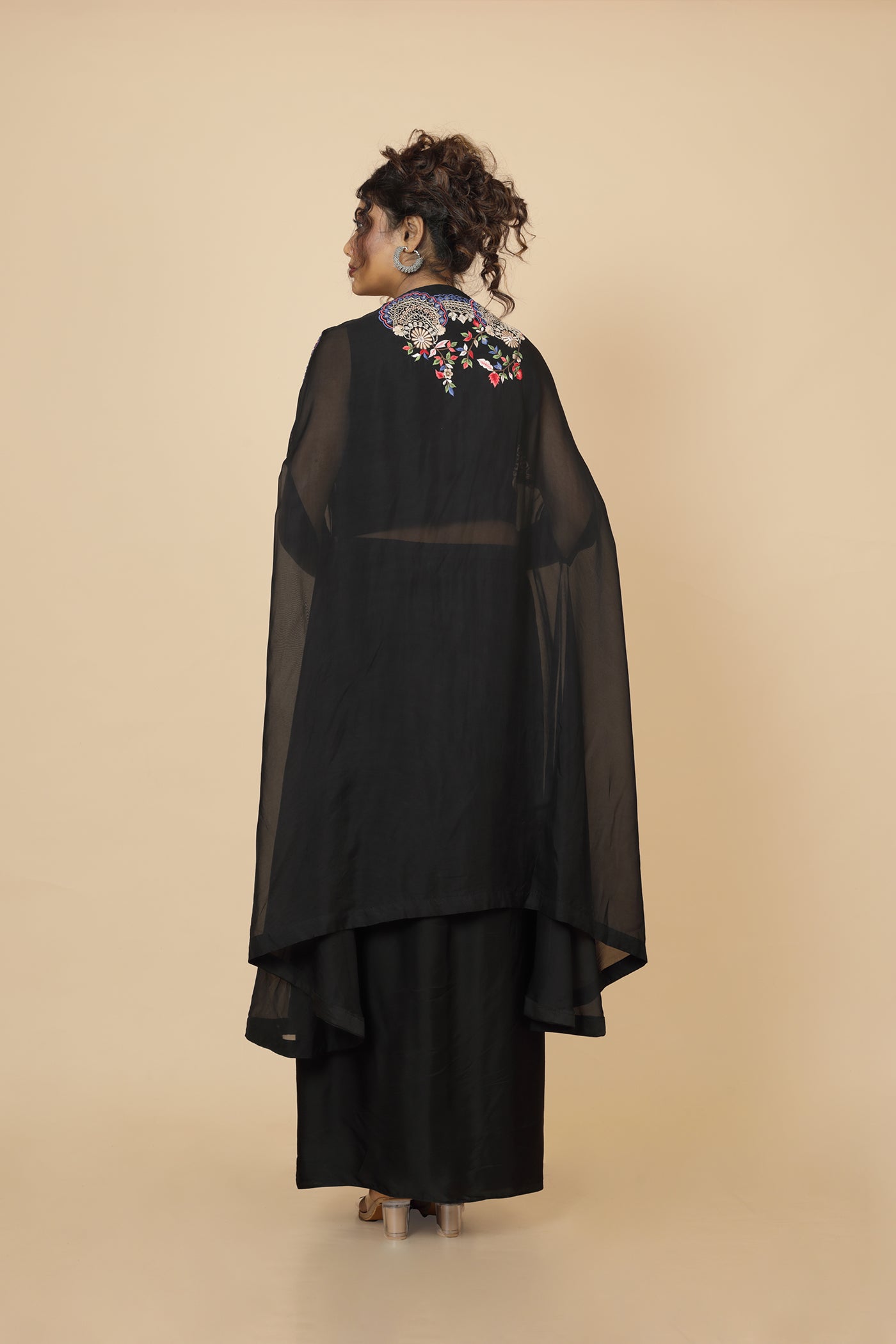 Embroidered Cape  With Crop Top And Drape Skirt